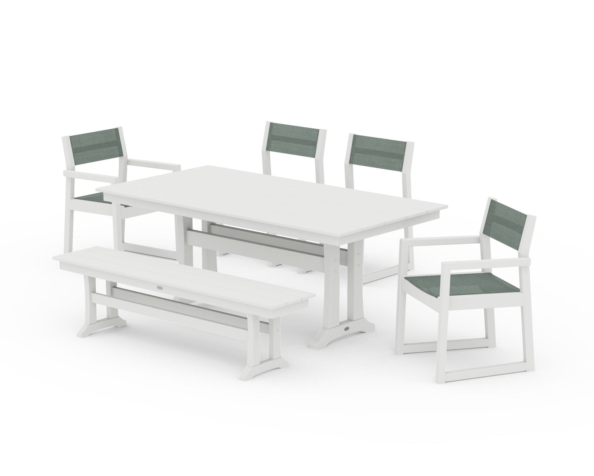 POLYWOOD EDGE Sling 6-Piece Farmhouse Dining Set With Trestle Legs — Vintage White / Dupioni Sea Mist Sling