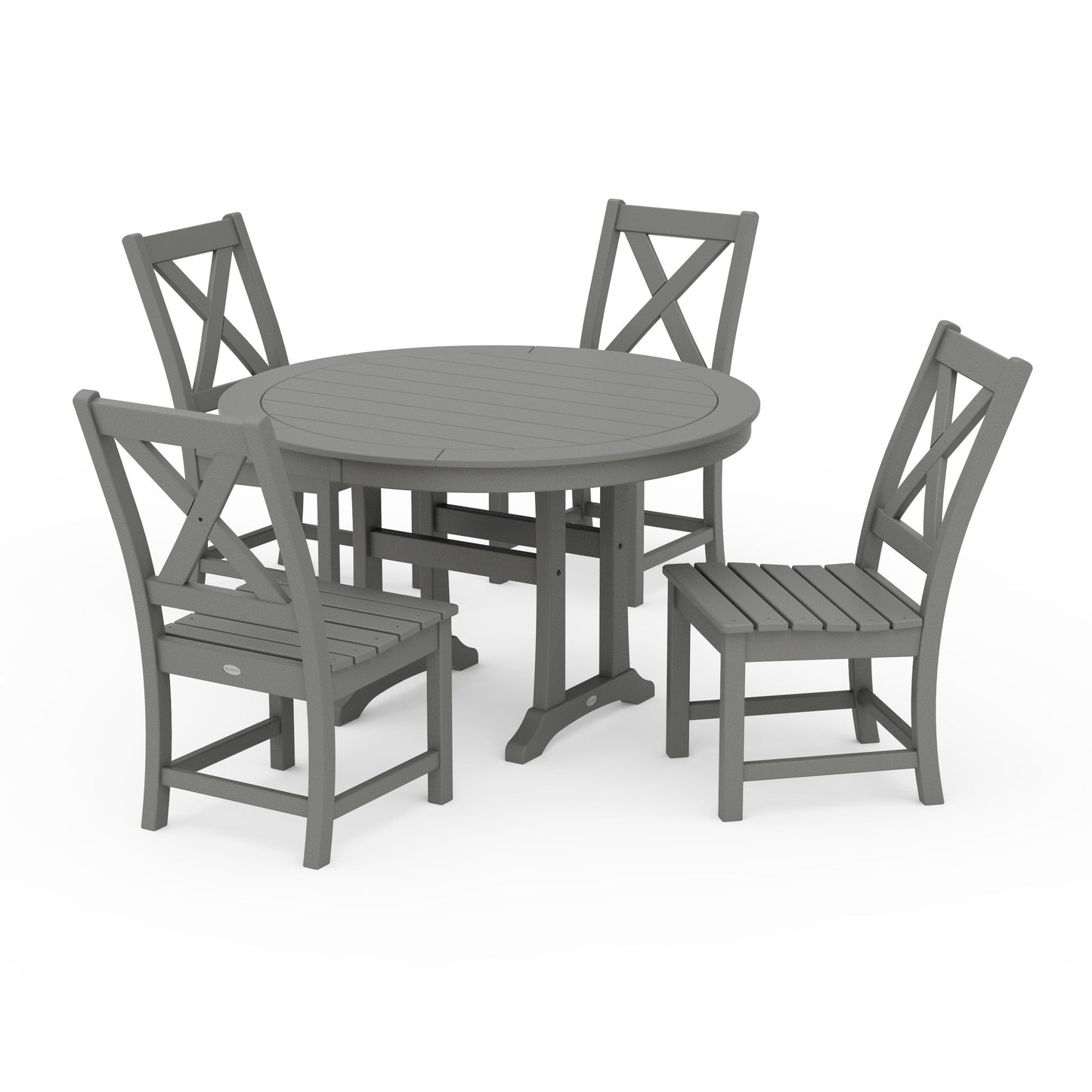 POLYWOOD Braxton Side Chair 5-Piece Round Dining Set With Trestle Legs — Slate Grey