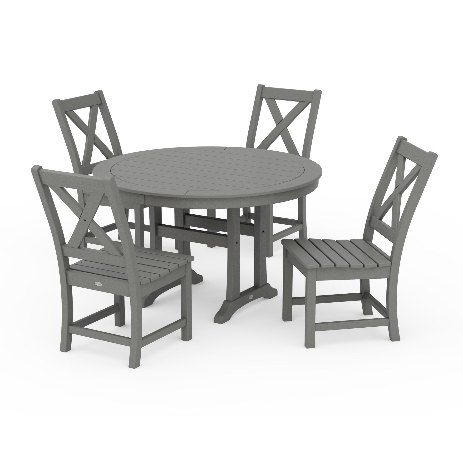 POLYWOOD Braxton Side Chair 5-Piece Round Dining Set With Trestle Legs — Slate Grey