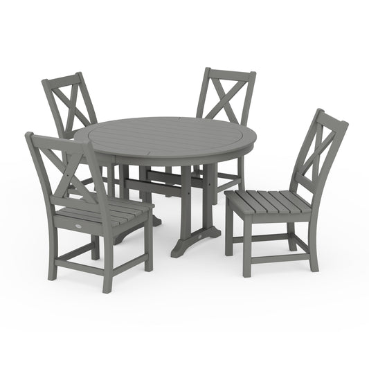 POLYWOOD Braxton Side Chair 5-Piece Round Dining Set With Trestle Legs — Slate Grey