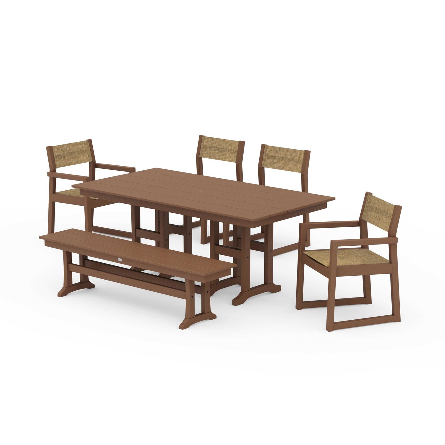 POLYWOOD EDGE Sling 6-Piece Farmhouse Dining Set — Teak / Burlap Sling