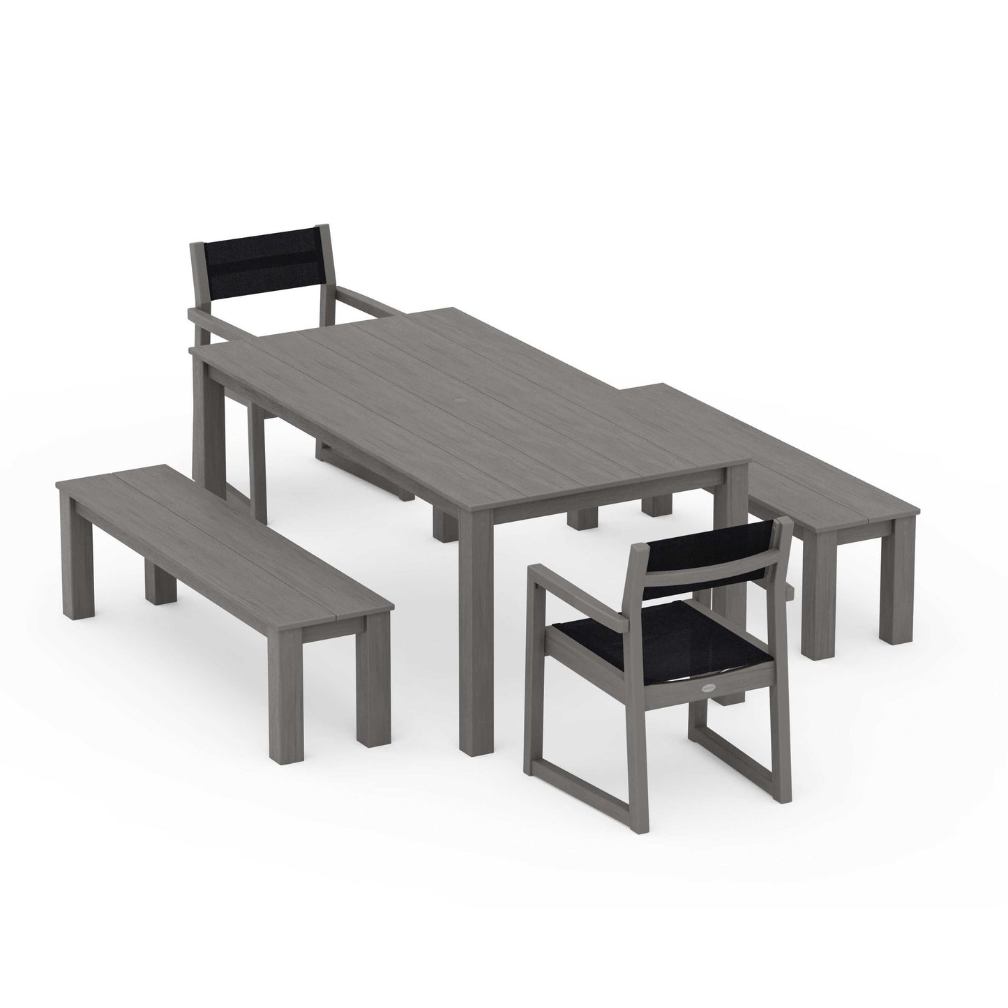 POLYWOOD EDGE Sling Arm Chair 5-Piece Parsons Dining Set with Benches — Driftwood / Black Sling
