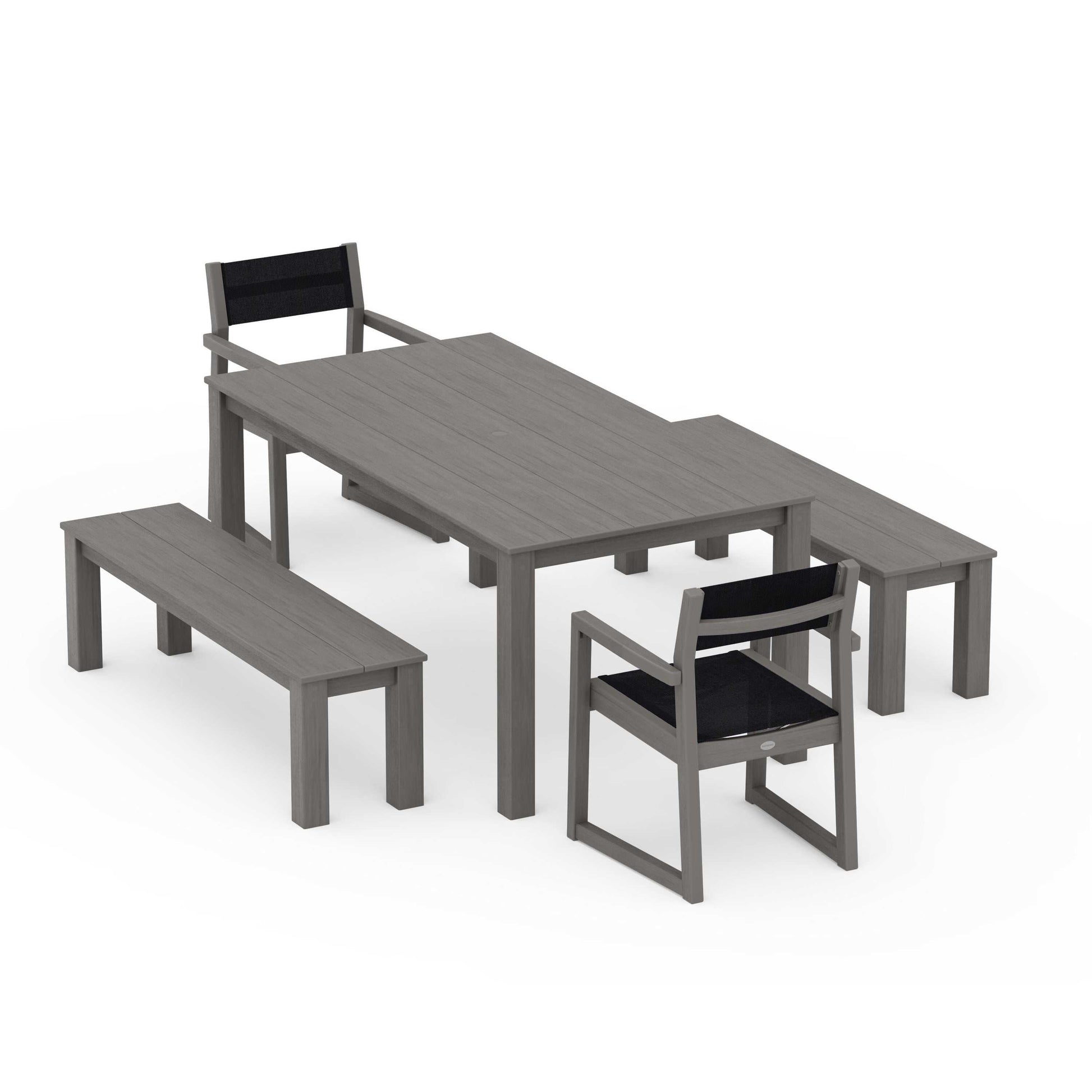 POLYWOOD EDGE Sling Arm Chair 5-Piece Parsons Dining Set with Benches — Driftwood / Black Sling