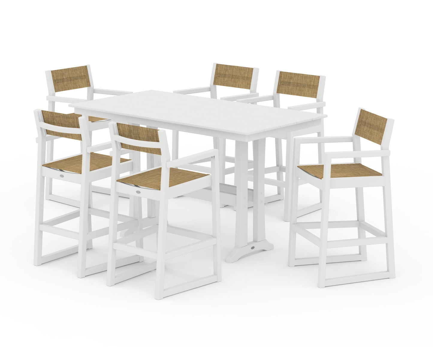 POLYWOOD EDGE Sling Arm Chair 7-Piece Farmhouse Bar Set with Trestle Legs — White / Burlap Sling
