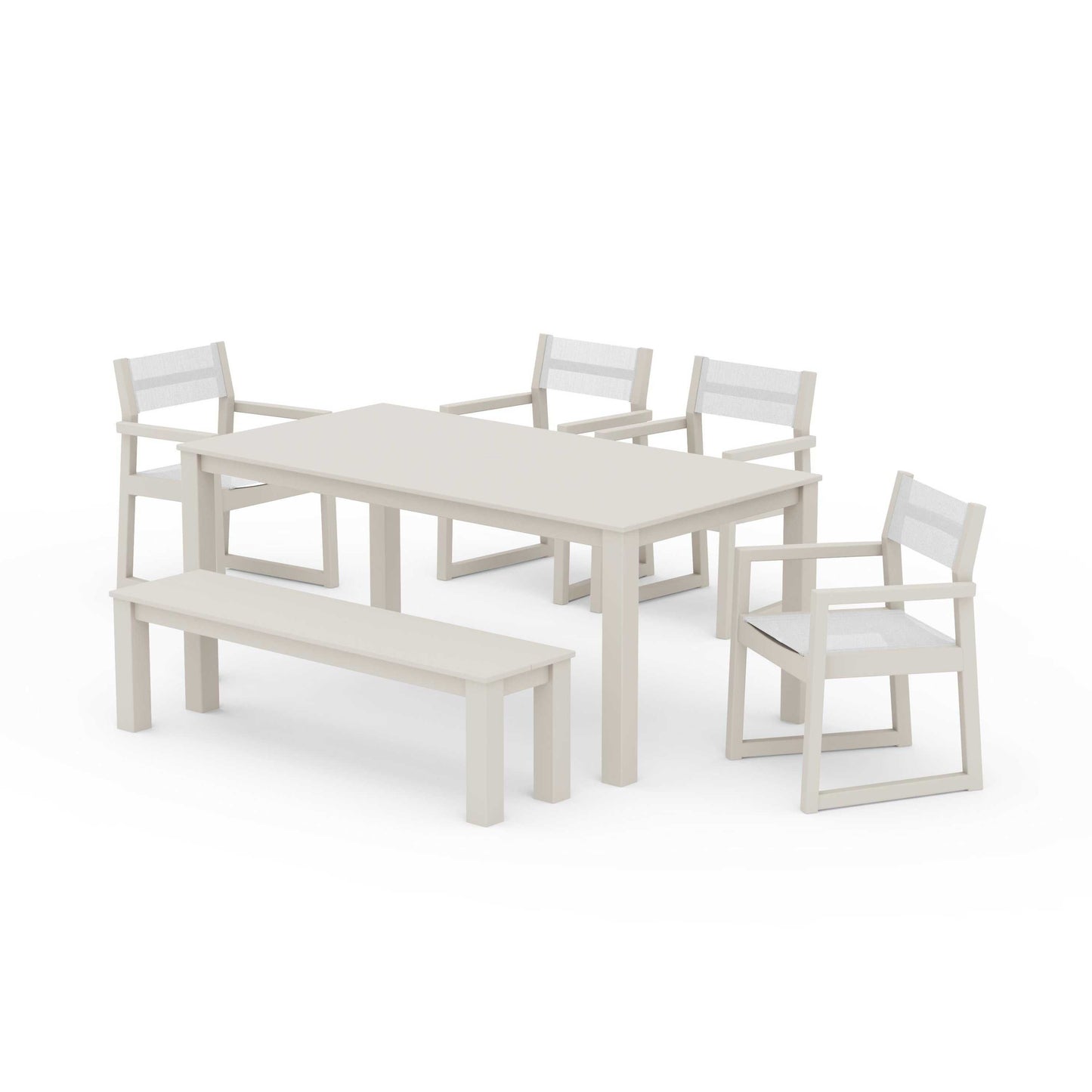 POLYWOOD EDGE Sling Arm Chair 6-Piece Parsons Dining Set with Bench — Sand / White Sling