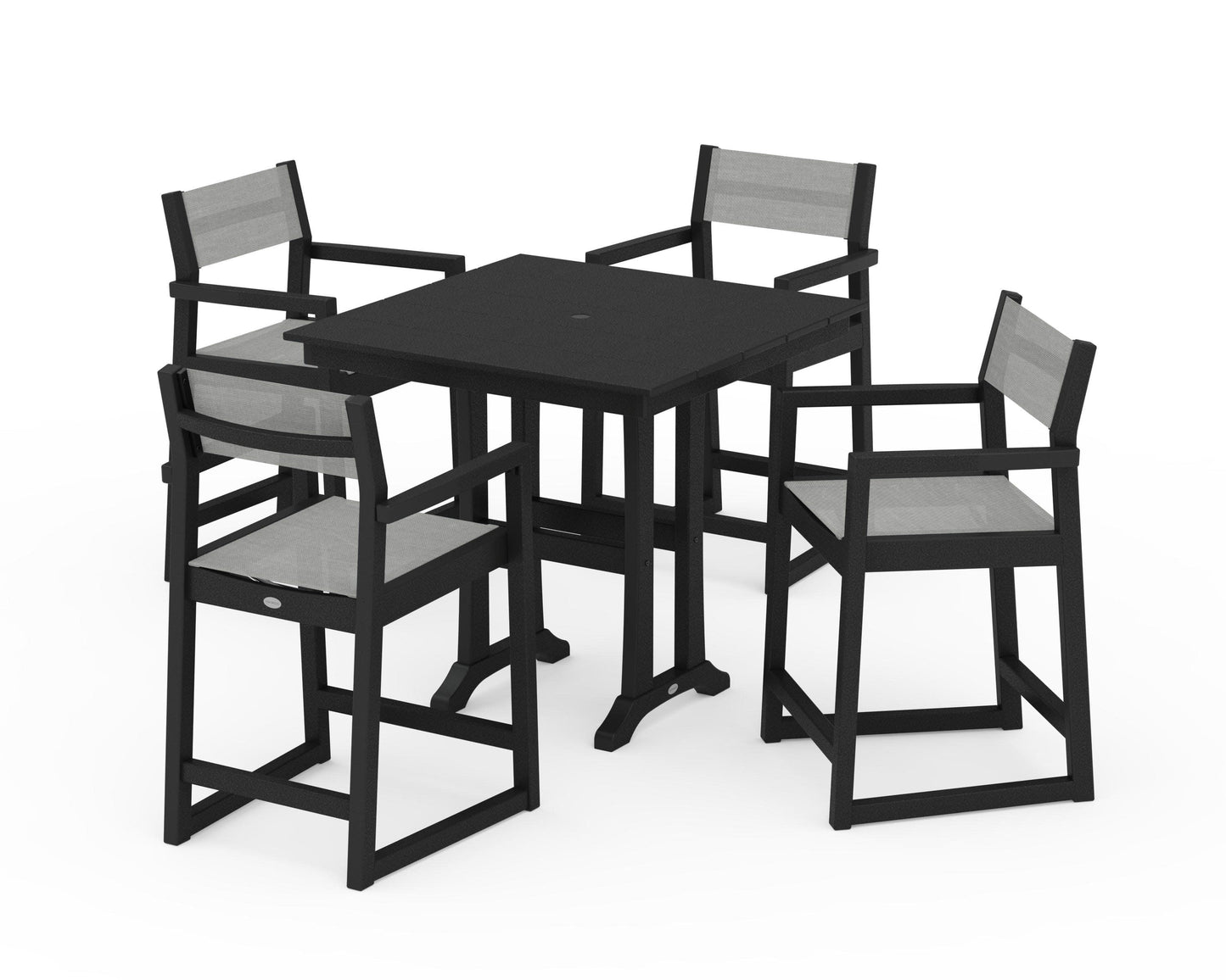 POLYWOOD EDGE Sling Arm Chair 5-Piece Farmhouse Counter Set with Trestle Legs — Black / Metallic Sling