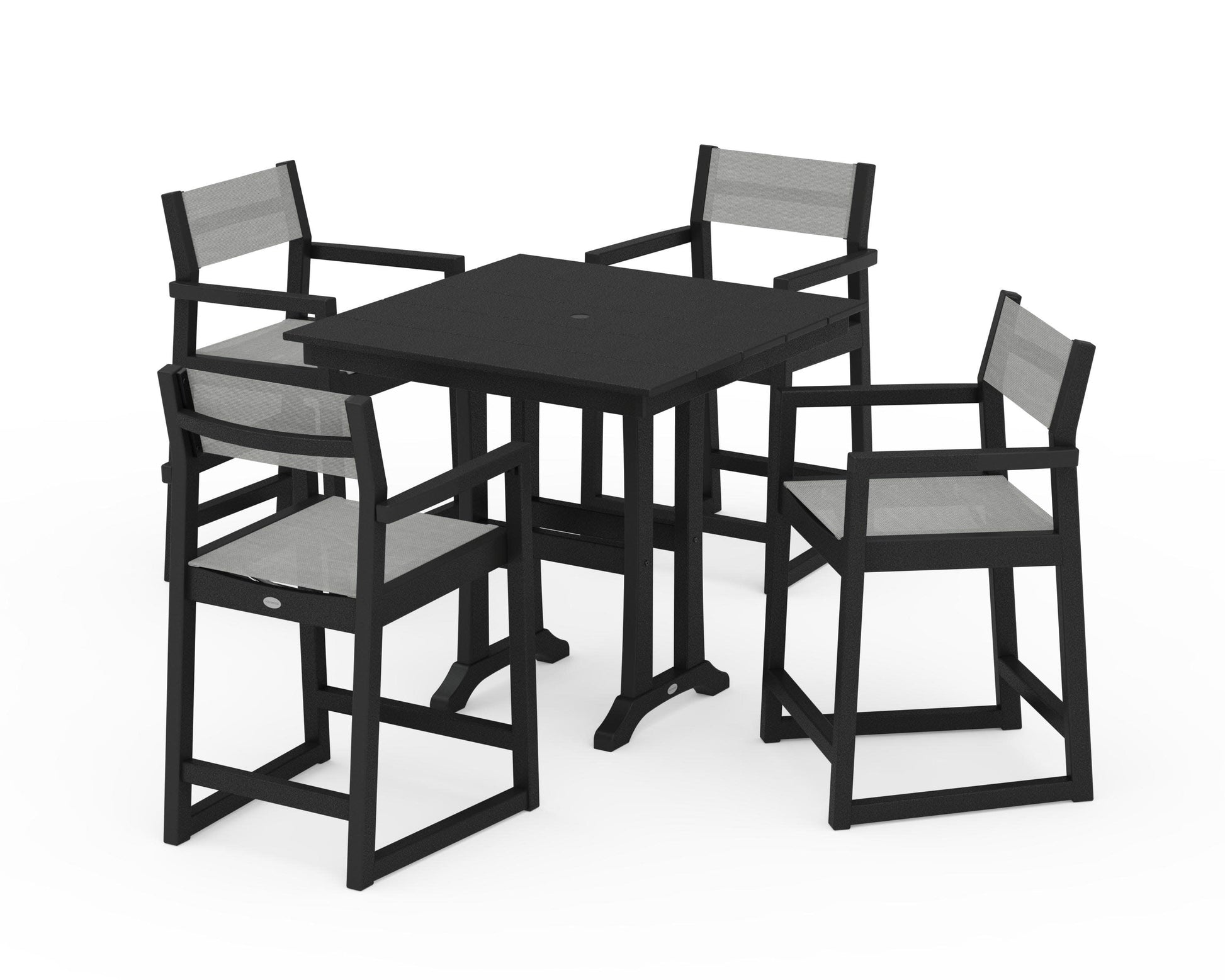 POLYWOOD EDGE Sling Arm Chair 5-Piece Farmhouse Counter Set with Trestle Legs — Black / Metallic Sling