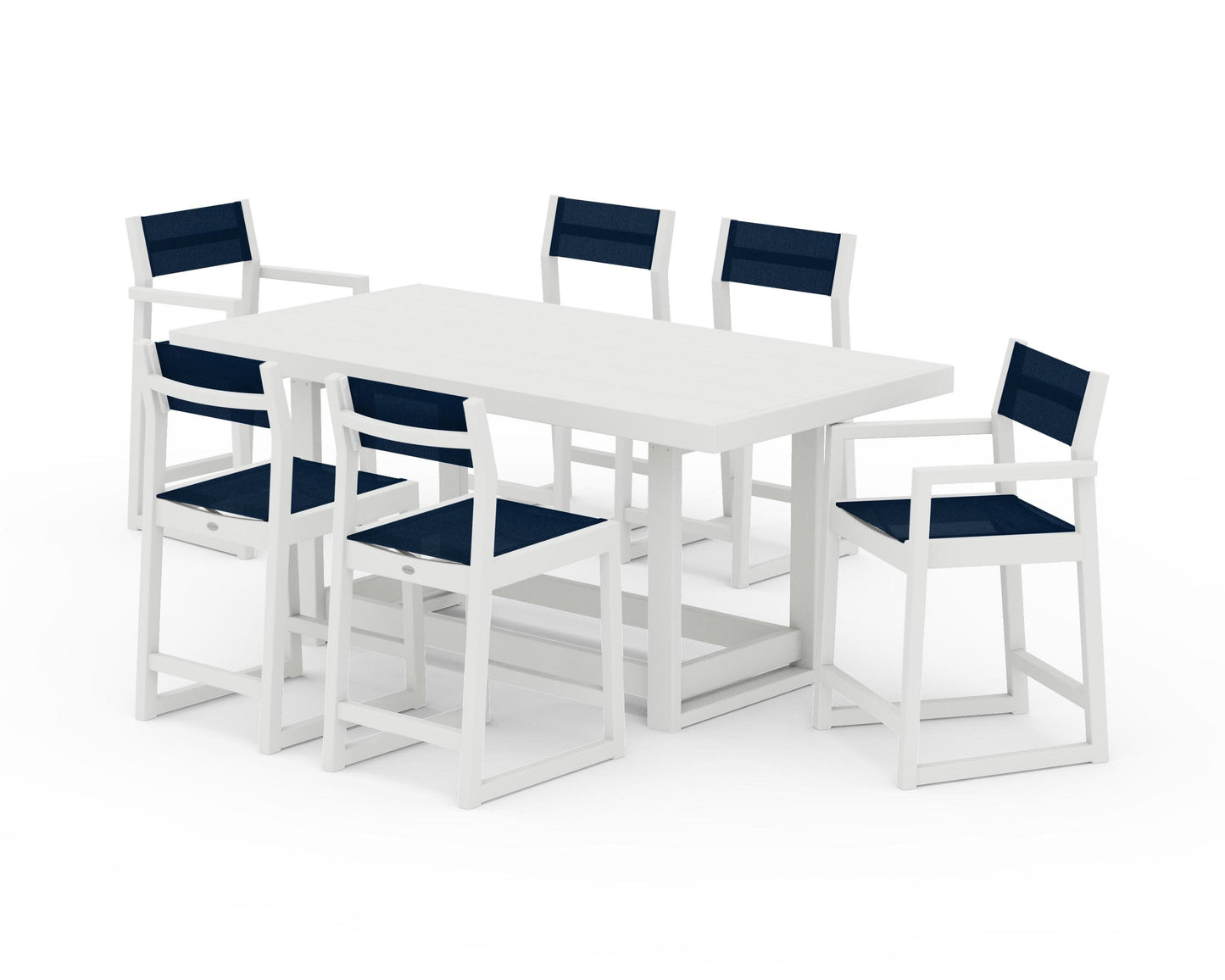 POLYWOOD EDGE Sling 7-Piece Counter Table Set — Vintage White / Navy Blue Sling