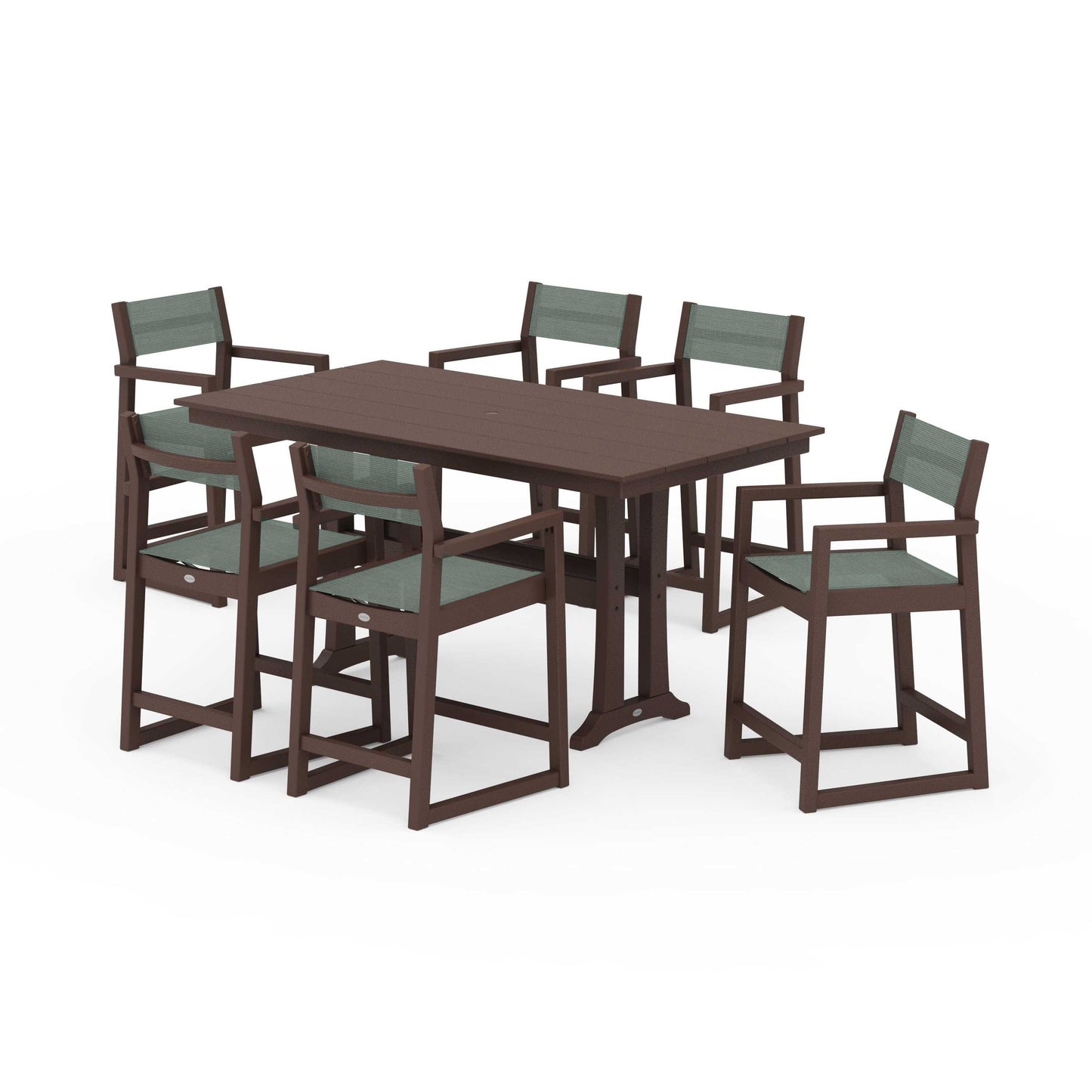 POLYWOOD EDGE Sling Arm Chair 7-Piece Farmhouse Counter Set with Trestle Legs — Mahogany / Dupioni Sea Mist Sling