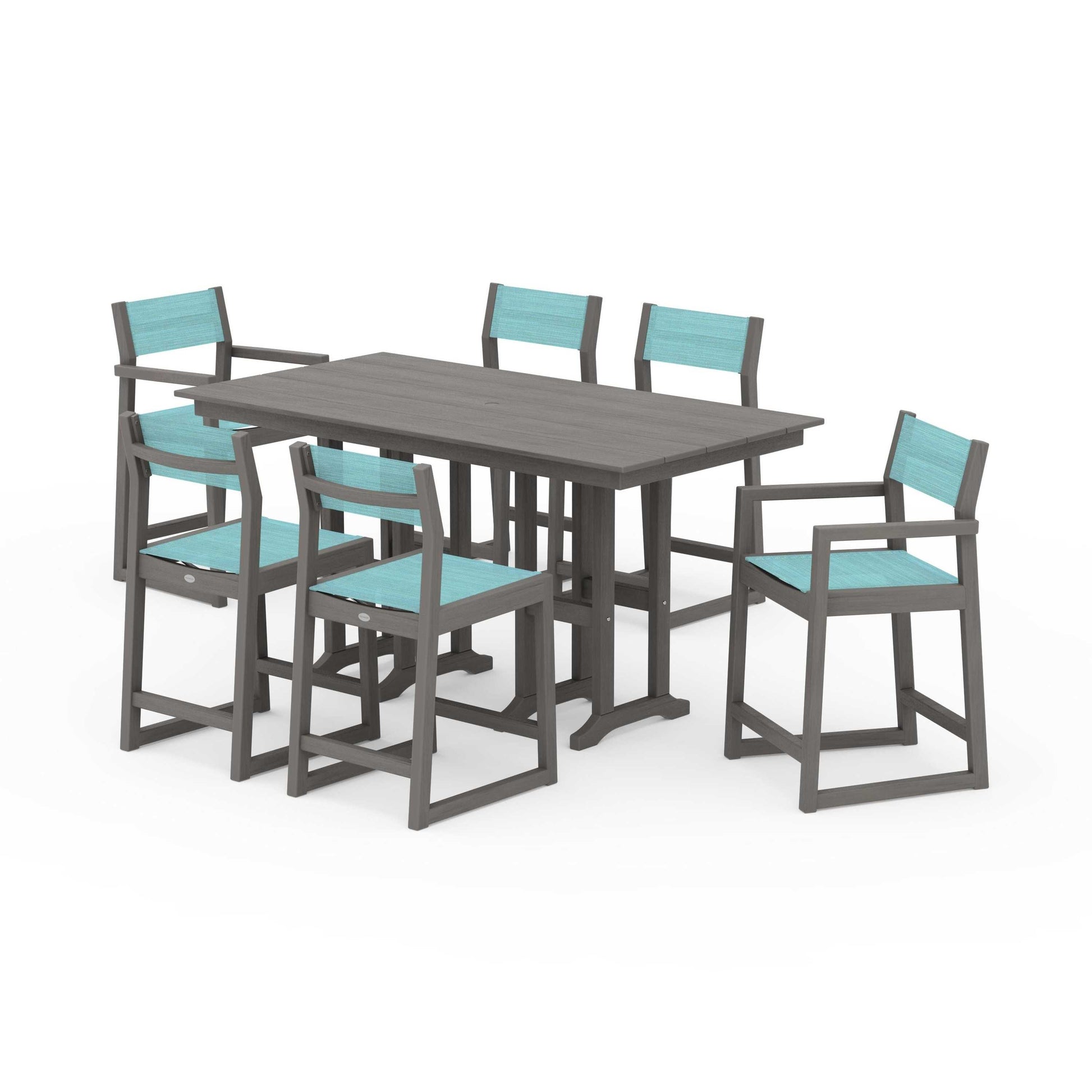 POLYWOOD EDGE Sling 7-Piece Farmhouse Counter Set with Trestle Legs — Driftwood / Dupioni Aquamarine Sling