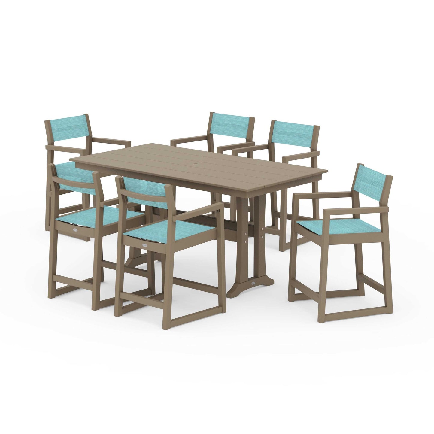 POLYWOOD EDGE Sling Arm Chair 7-Piece Farmhouse Counter Set with Trestle Legs — Vintage Sahara / Dupioni Aquamarine Sling
