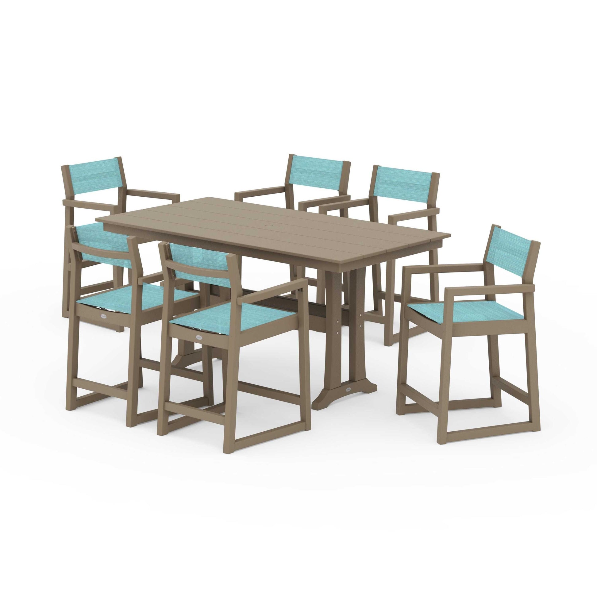POLYWOOD EDGE Sling Arm Chair 7-Piece Farmhouse Counter Set with Trestle Legs — Vintage Sahara / Dupioni Aquamarine Sling