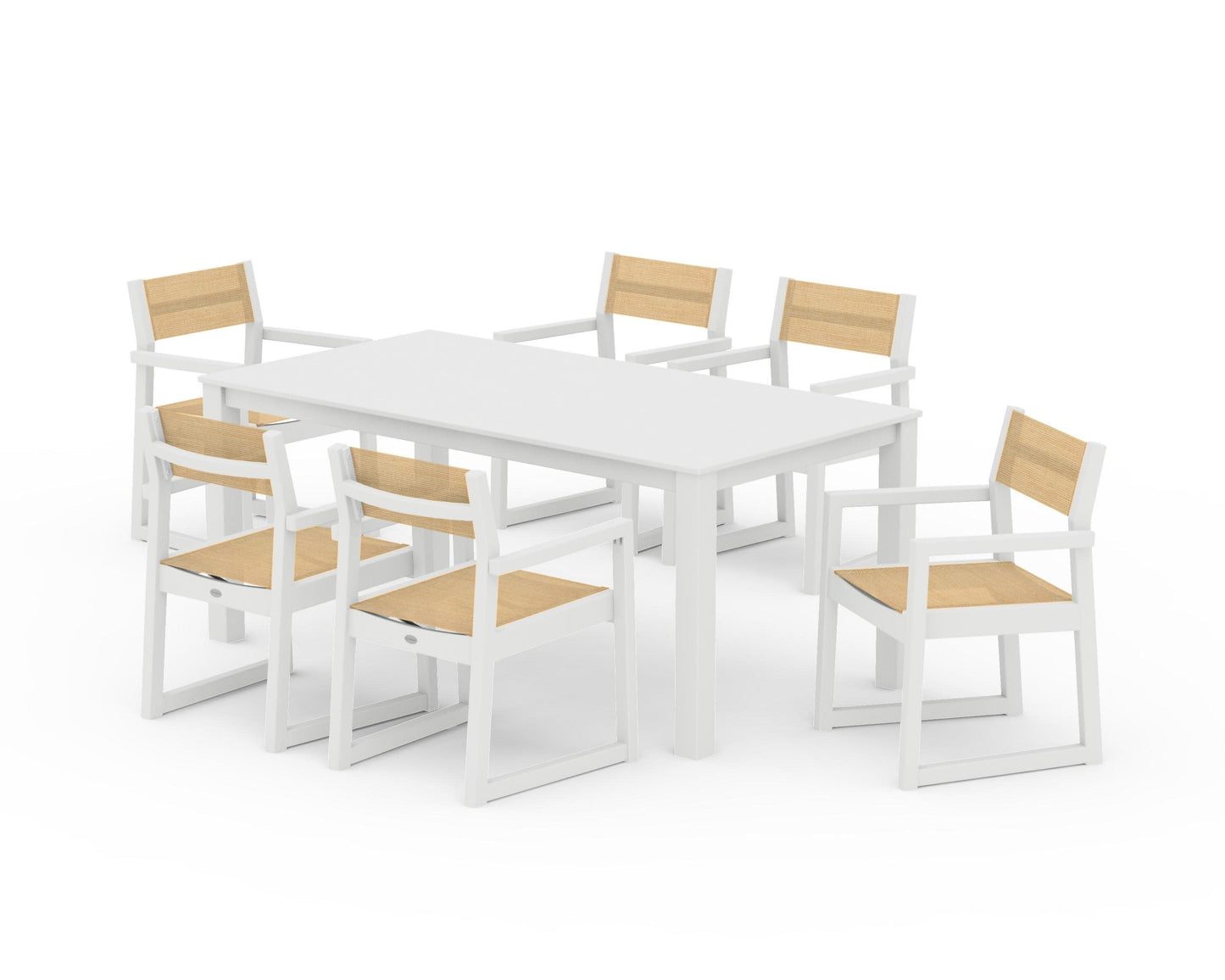 POLYWOOD EDGE Sling Arm Chair 7-Piece Parsons Dining Set — White / Dupioni Apricot Sling