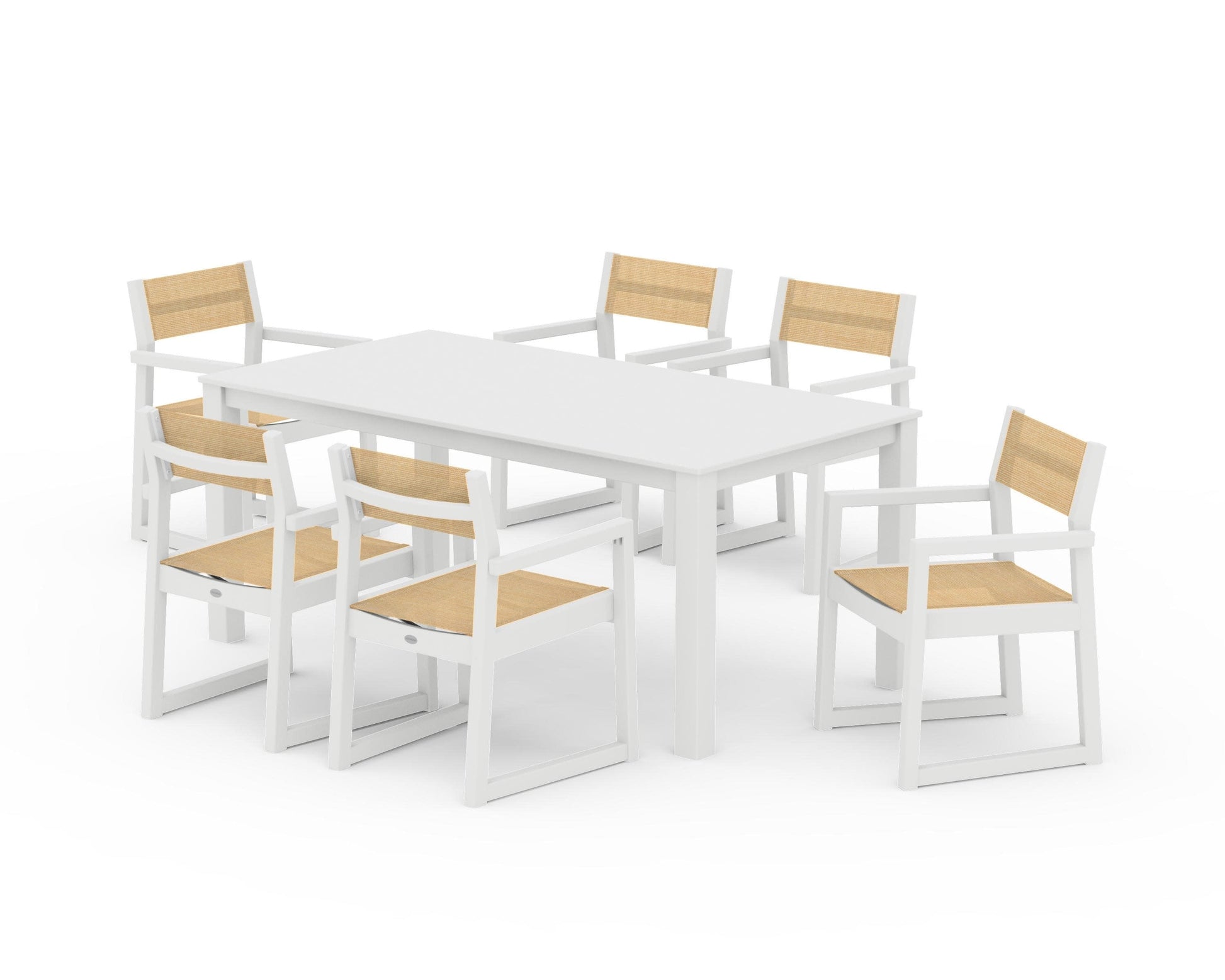 POLYWOOD EDGE Sling Arm Chair 7-Piece Parsons Dining Set — White / Dupioni Apricot Sling