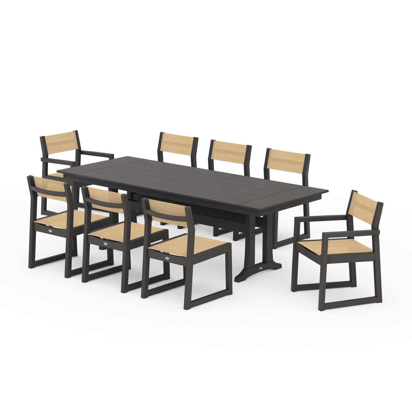 POLYWOOD EDGE Sling 9-Piece Farmhouse Trestle Dining Set — Vintage Coffee / Dupioni Apricot Sling