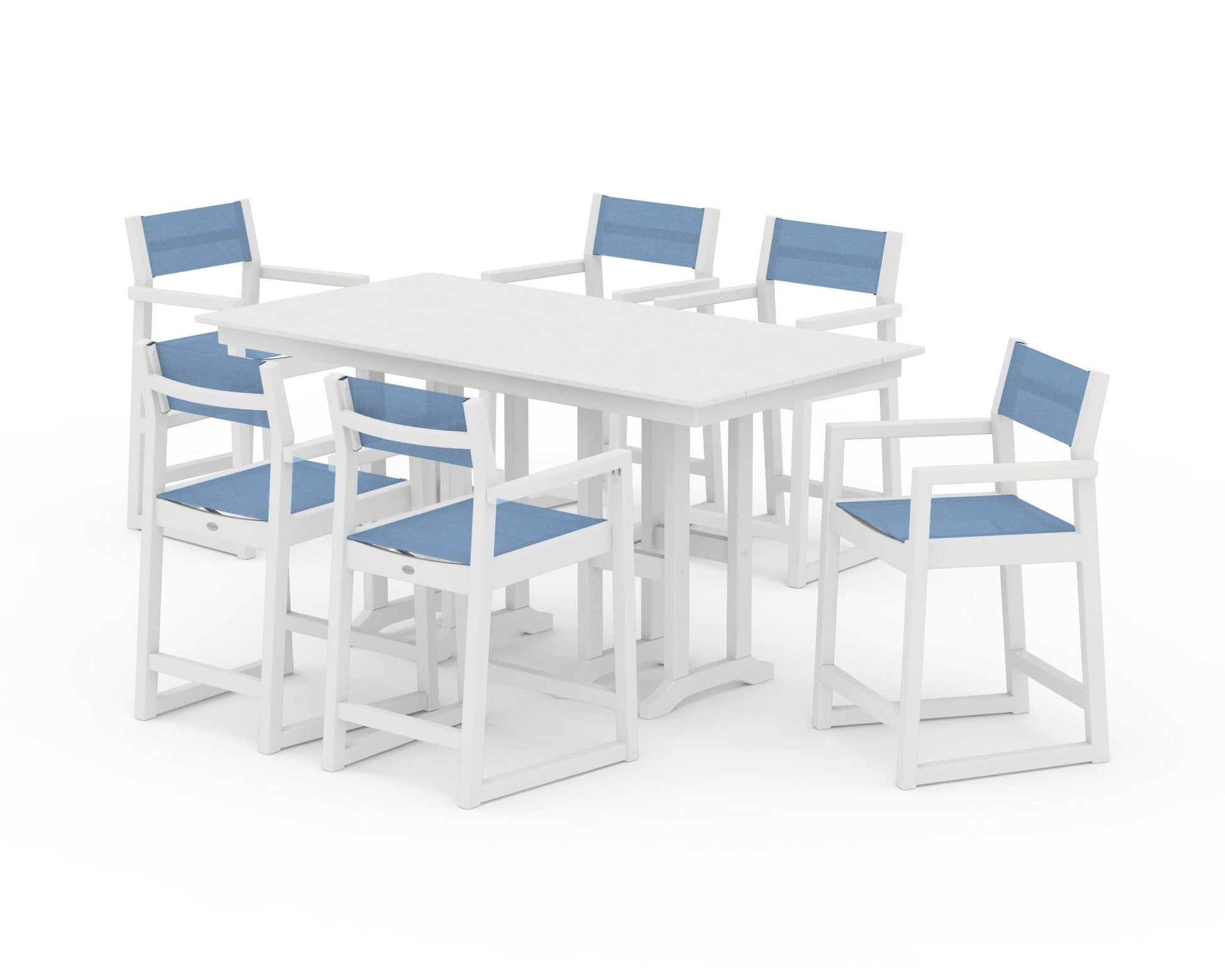 POLYWOOD EDGE Sling Arm Chair 7-Piece Farmhouse Counter Set — White / Poolside Sling