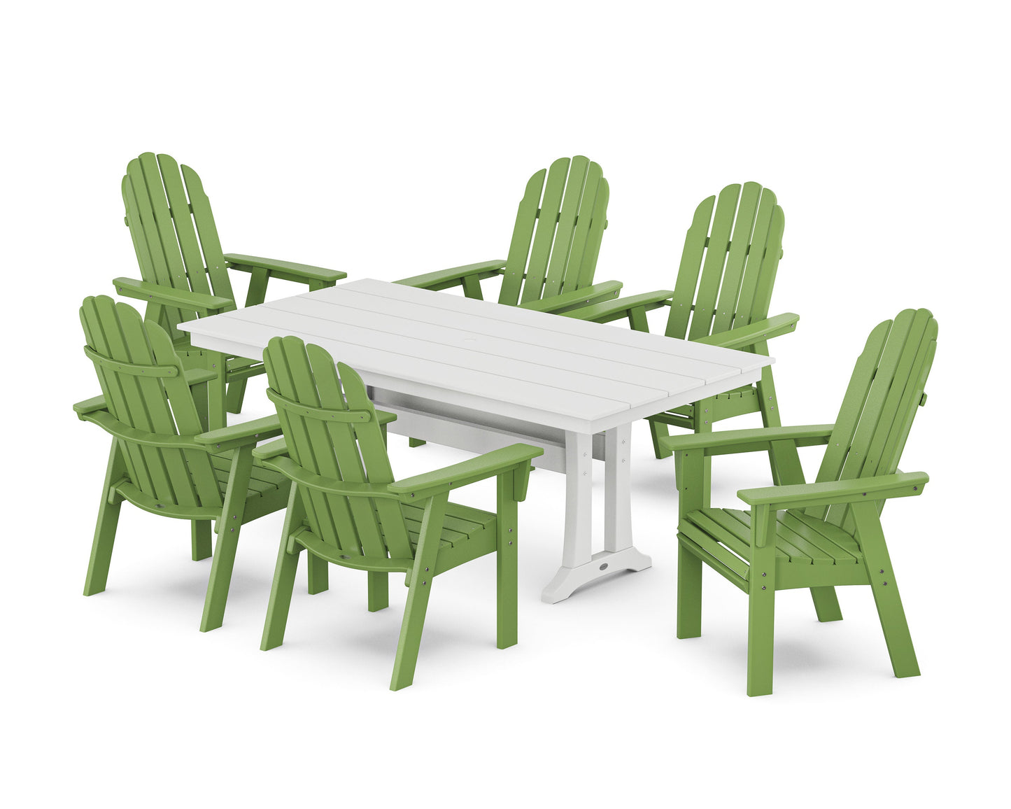 POLYWOOD Vineyard Curveback Adirondack Chair 7-Piece Farmhouse Dining Set with Trestle Legs — Lime / White
