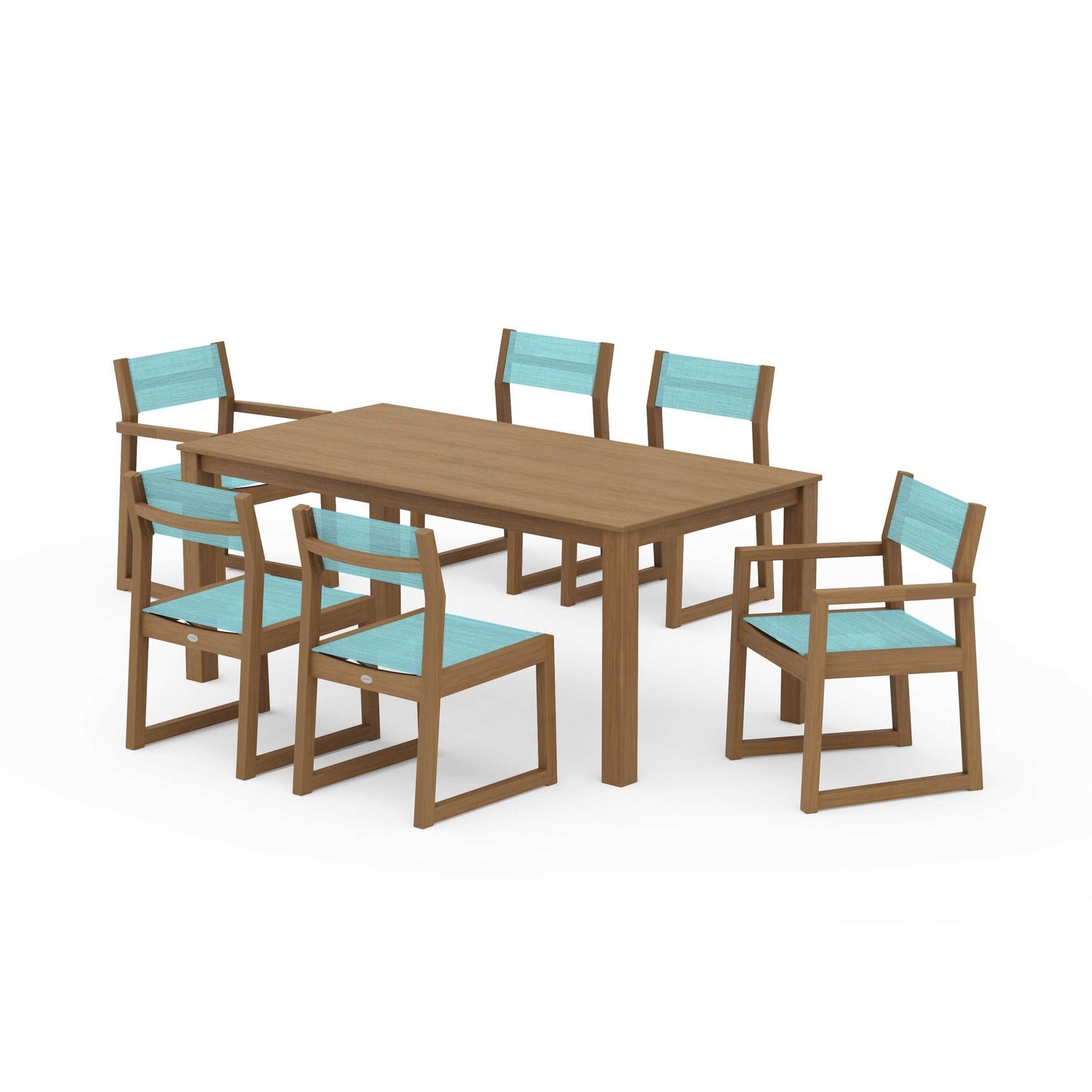 POLYWOOD EDGE Sling 7-Piece Parsons Dining Set — Natural / Dupioni Aquamarine Sling