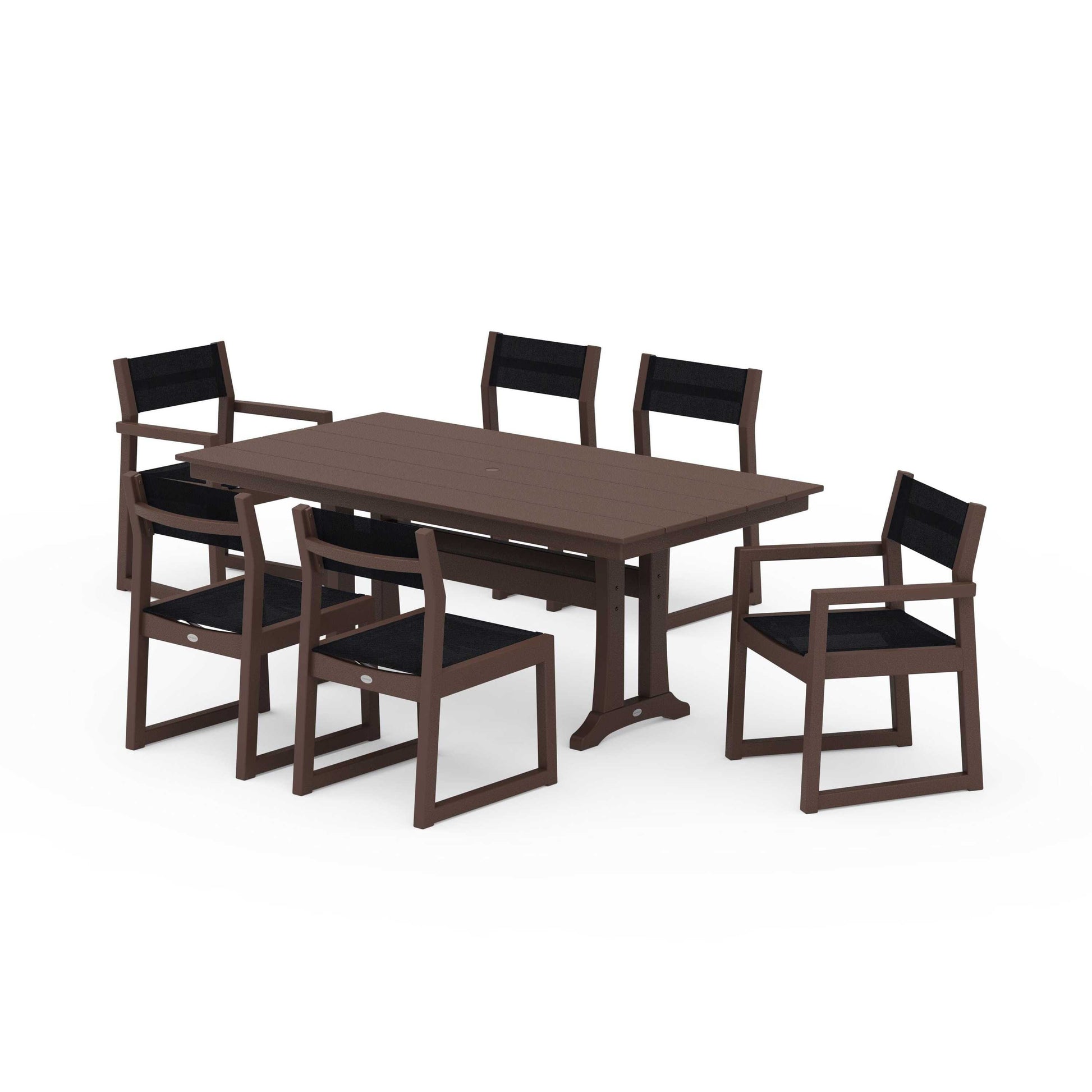 POLYWOOD EDGE Sling 7-Piece Farmhouse Trestle Dining Set — Mahogany / Black Sling