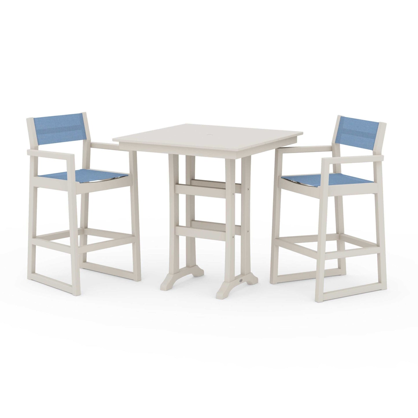 POLYWOOD EDGE Sling Arm Chair 3-Piece Farmhouse Bar Set with Trestle Legs — Sand / Poolside Sling