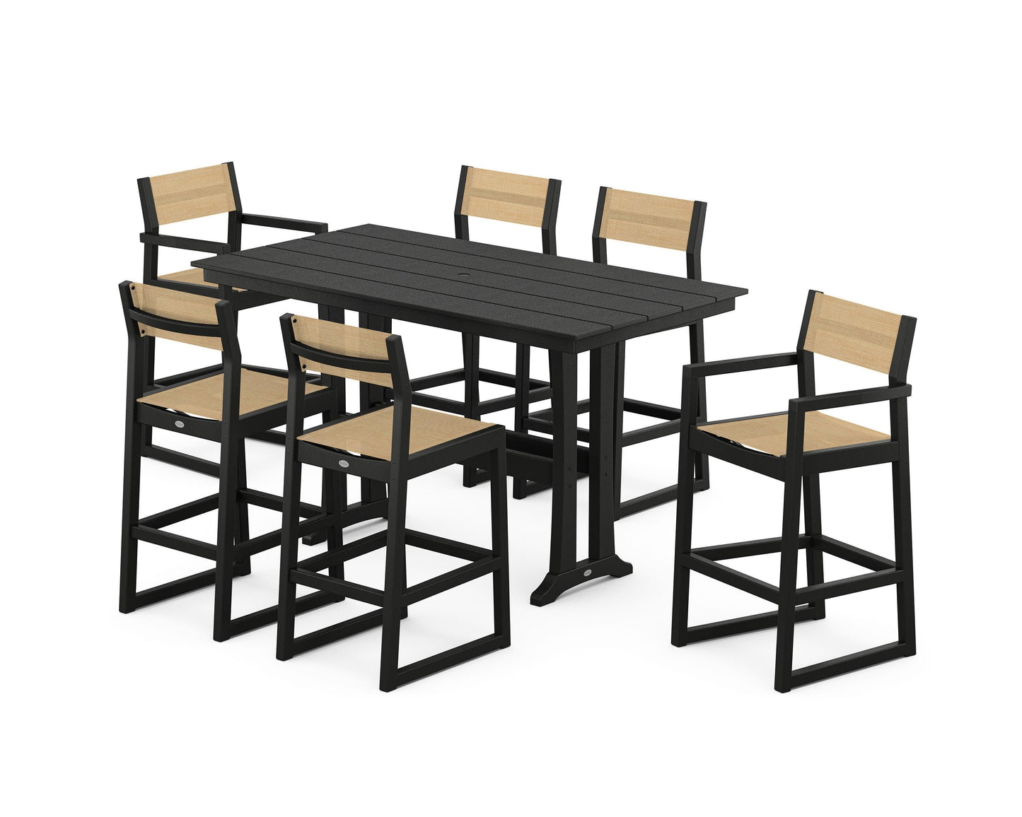 POLYWOOD EDGE Sling 7-Piece Farmhouse Bar Set with Trestle Legs — Black / Dupioni Apricot Sling