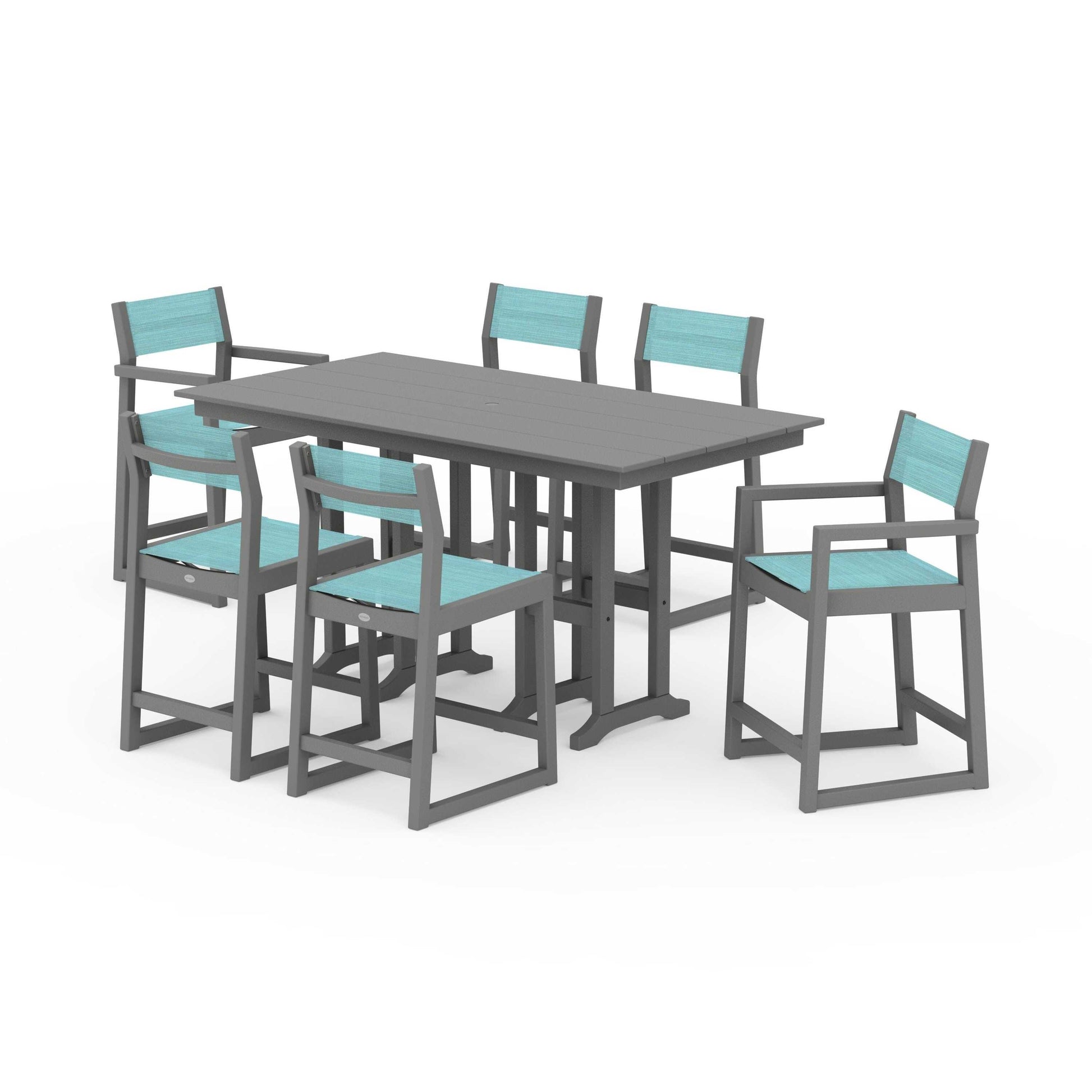POLYWOOD EDGE Sling 7-Piece Farmhouse Counter Set with Trestle Legs — Slate Grey / Dupioni Aquamarine Sling