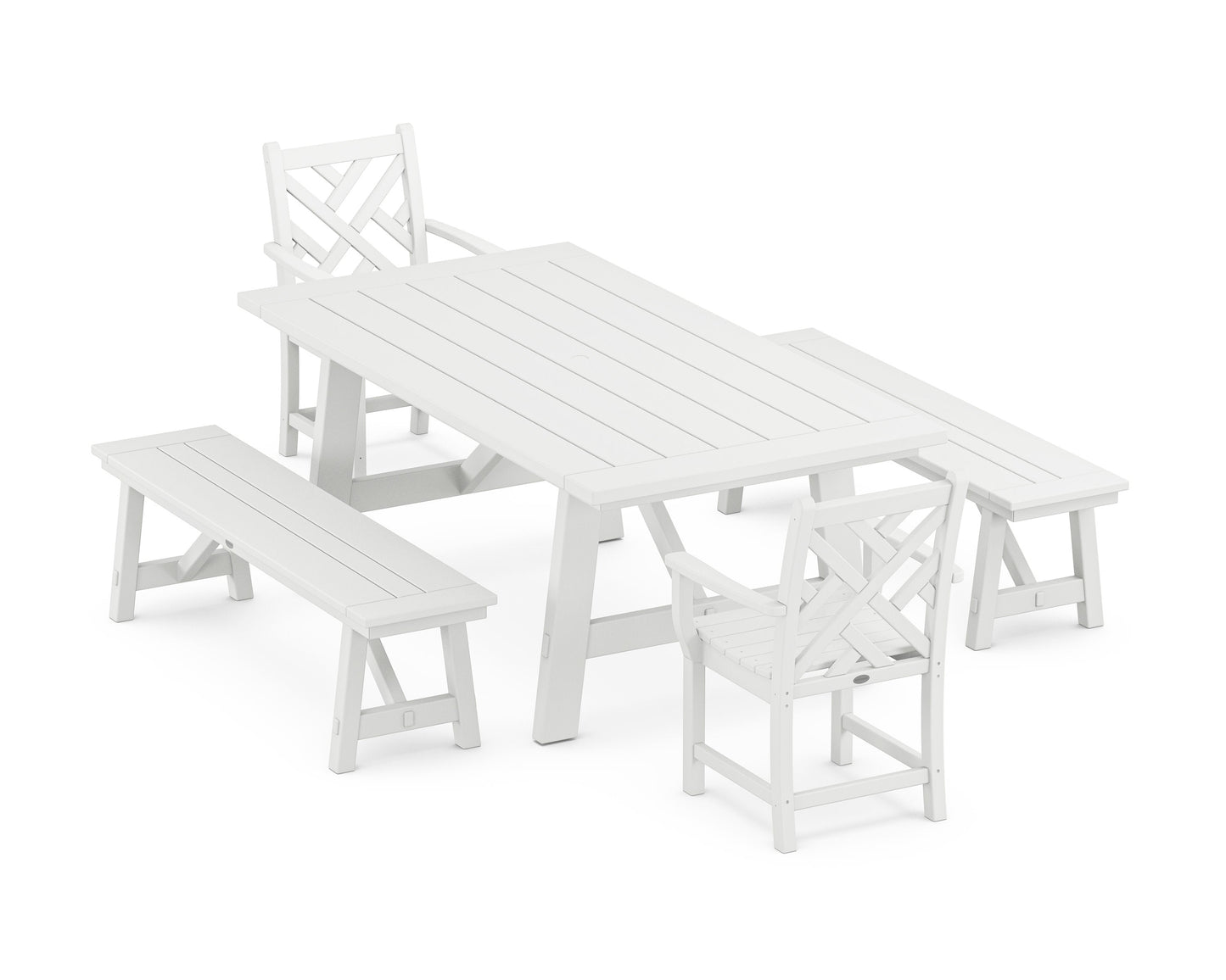 POLYWOOD Chippendale 5-Piece Rustic Farmhouse Dining Set With Benches — White