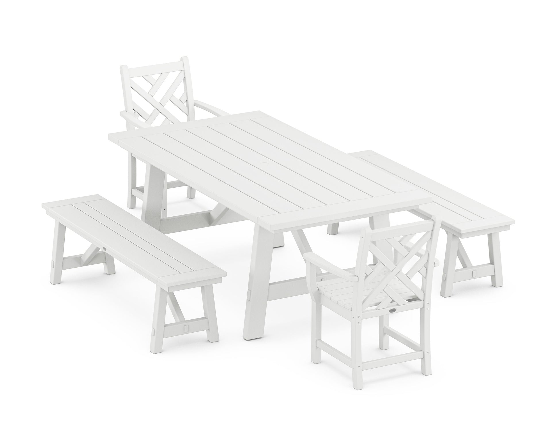POLYWOOD Chippendale 5-Piece Rustic Farmhouse Dining Set With Benches — White