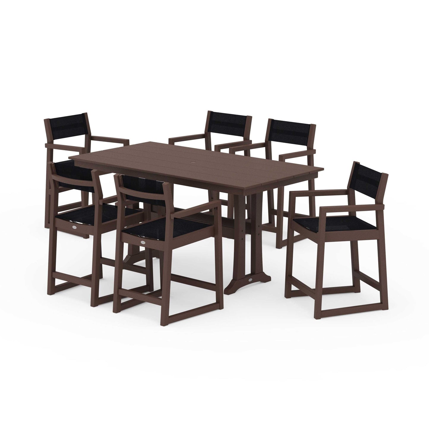 POLYWOOD EDGE Sling Arm Chair 7-Piece Farmhouse Counter Set with Trestle Legs — Mahogany / Black Sling