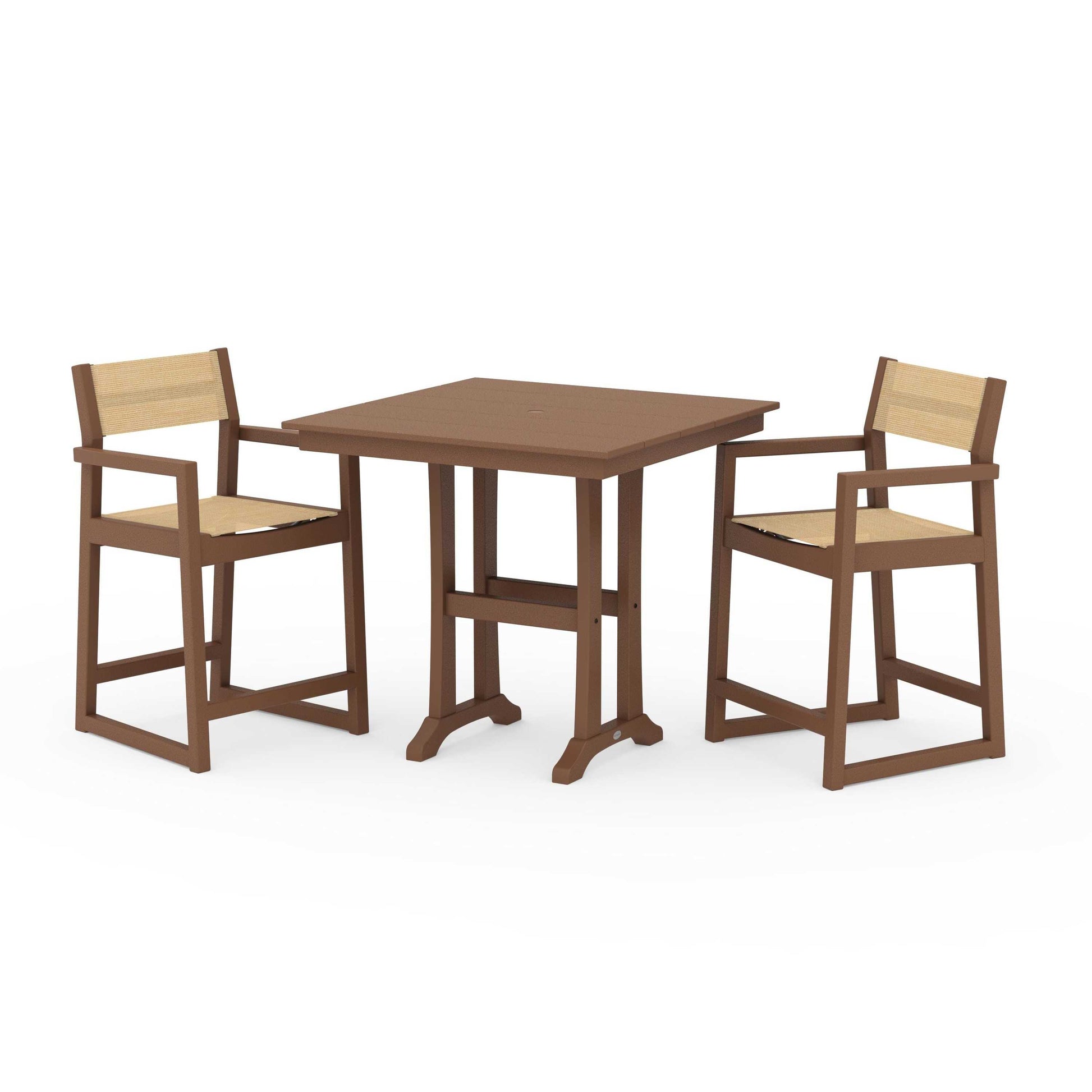 POLYWOOD EDGE Sling Arm Chair 3-Piece Farmhouse Counter Set with Trestle Legs — Teak / Dupioni Apricot Sling