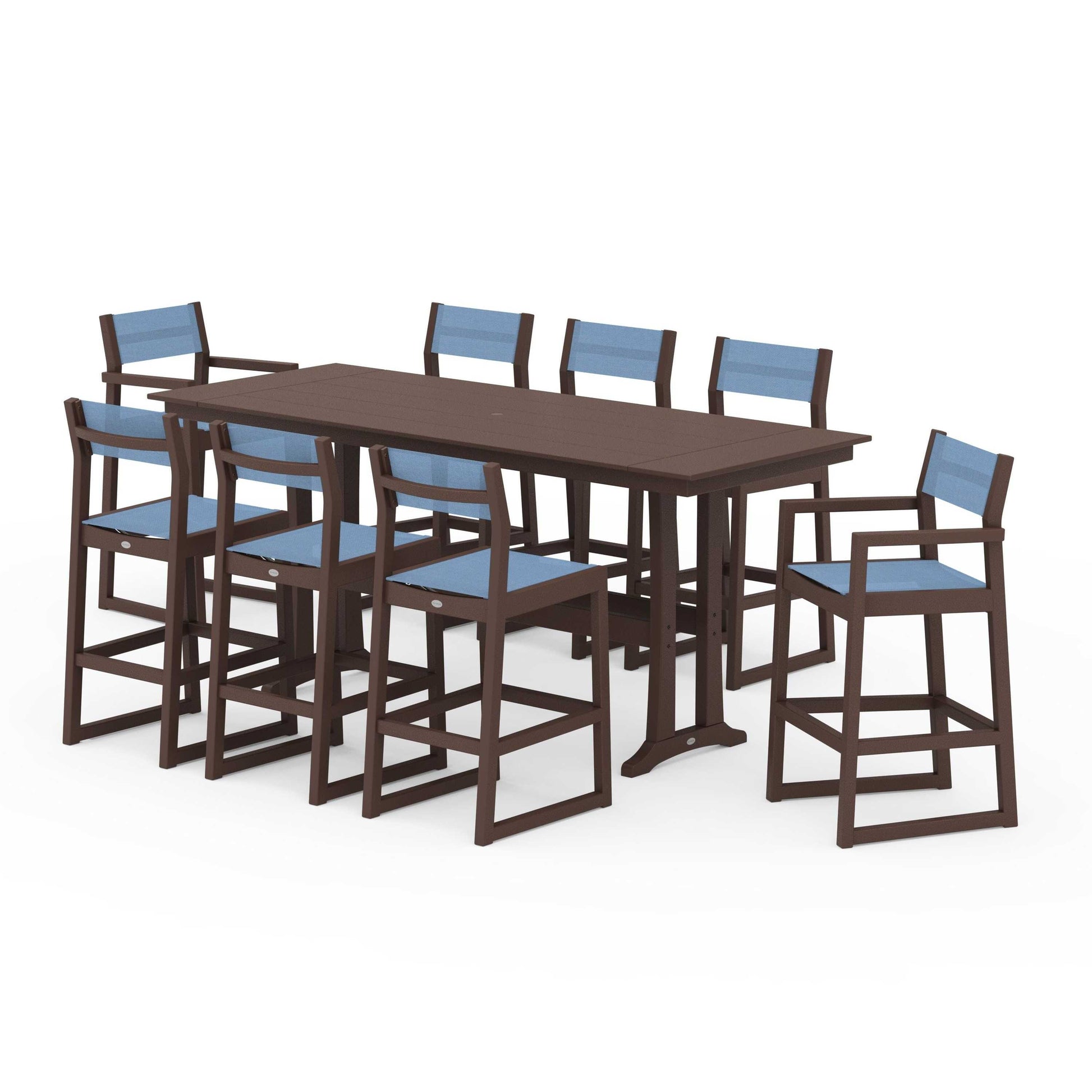 POLYWOOD EDGE Sling 9-Piece Farmhouse Bar Set with Trestle Legs — Mahogany / Poolside Sling