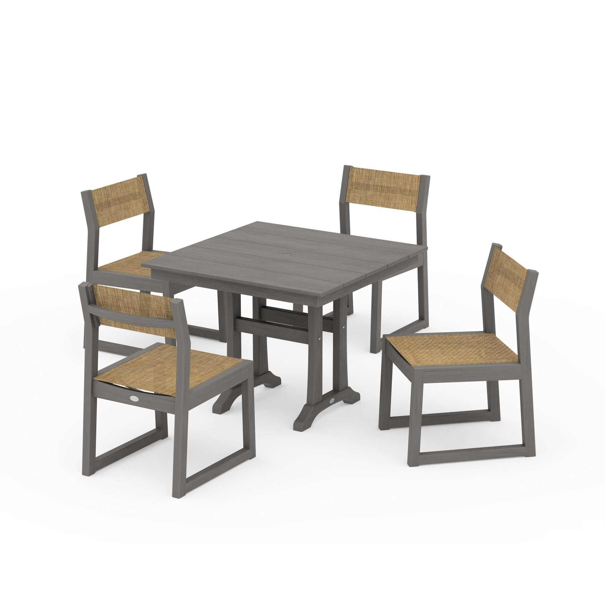POLYWOOD EDGE Sling 5-Piece Farmhouse Trestle Side Chair Dining Set — Driftwood / Burlap Sling