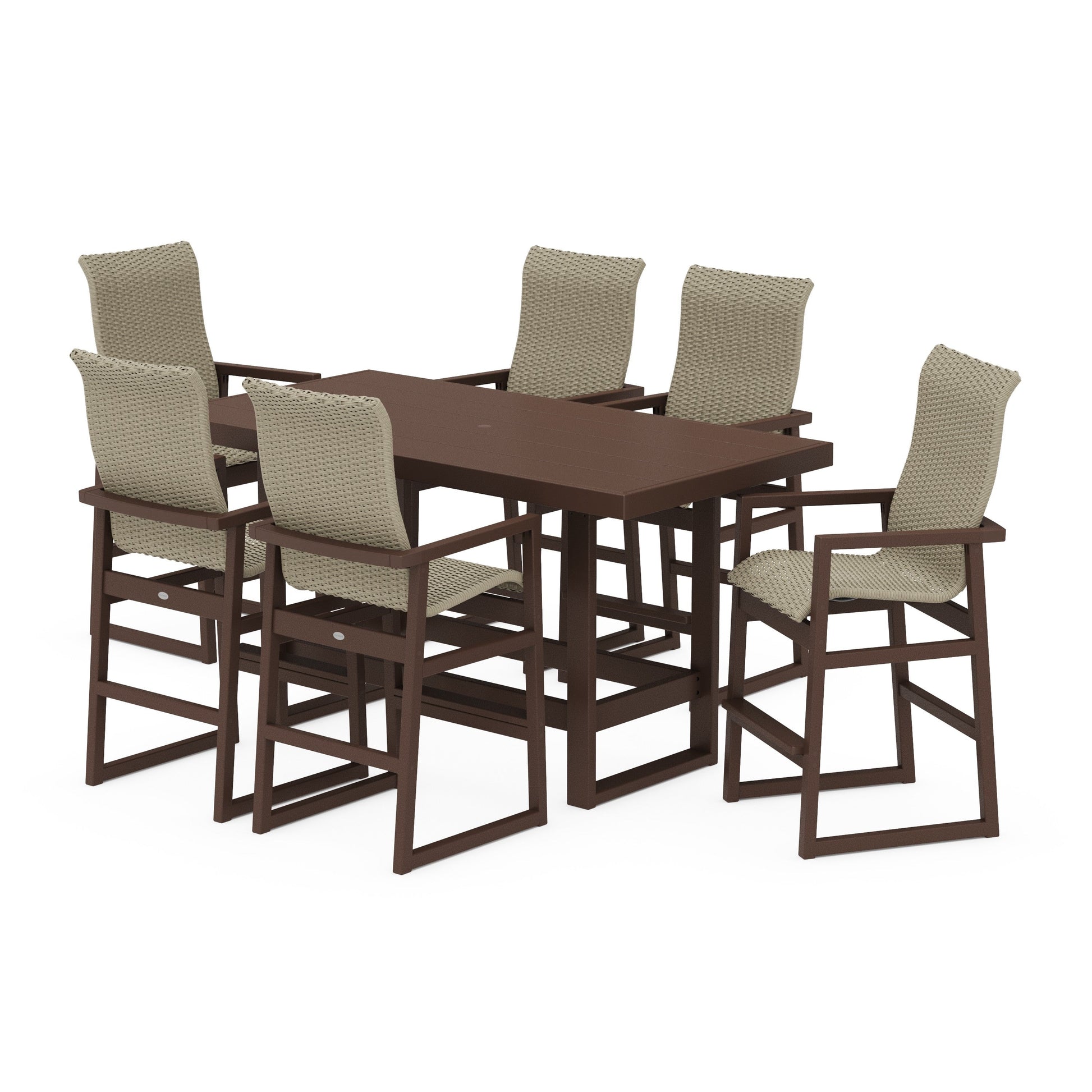 POLYWOOD EDGE Woven Highback Arm Chair 7-Piece Bar Set — Mahogany / Dune Grass