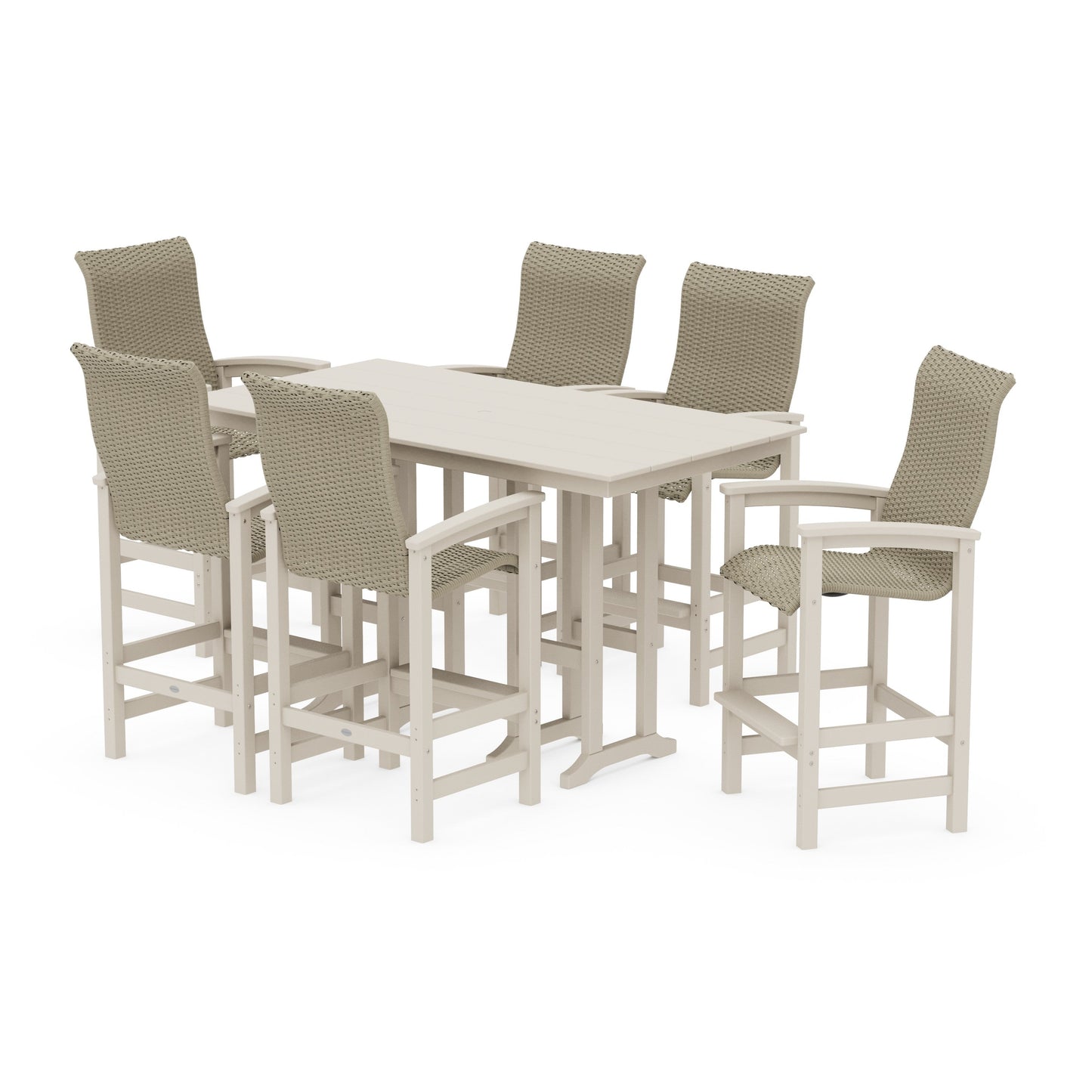 POLYWOOD Coastal Woven High-Back Arm Chair 7-Piece Farmhouse Bar Set — Sand / Dune Grass
