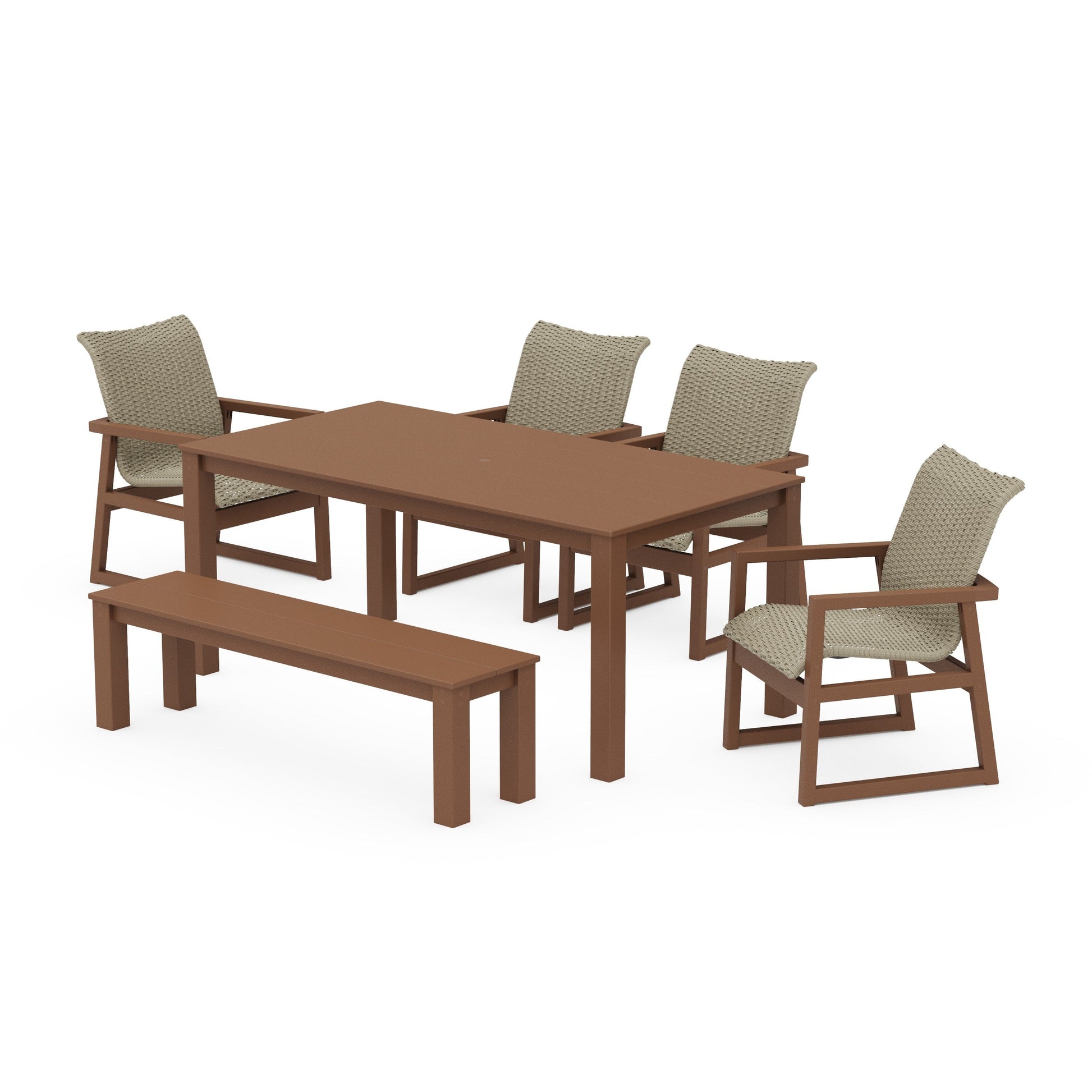 POLYWOOD EDGE Woven 6-Piece Parsons Dining Set with Bench — Teak / Dune Grass