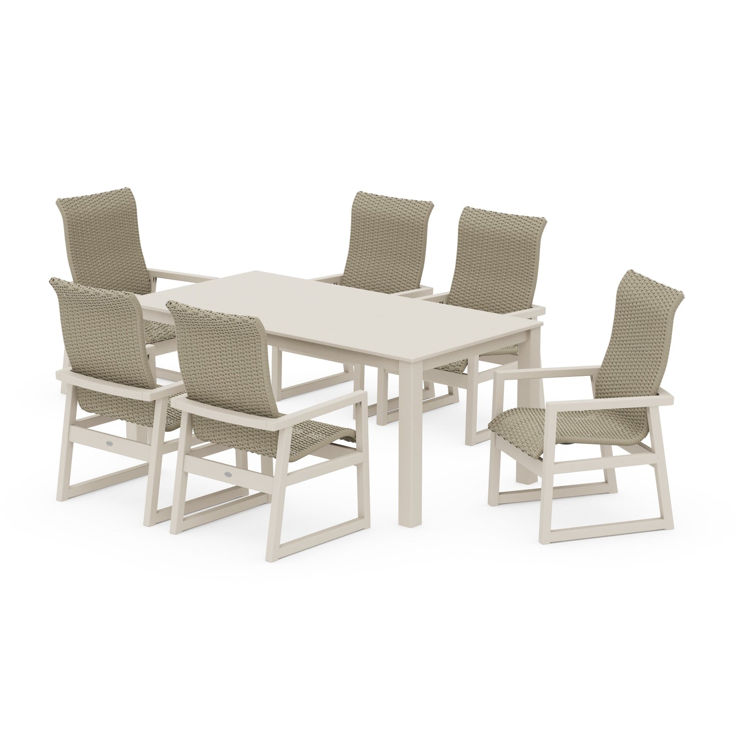POLYWOOD EDGE Woven Highback Arm Chair 7-Piece Parsons Dining Set — Sand / Dune Grass