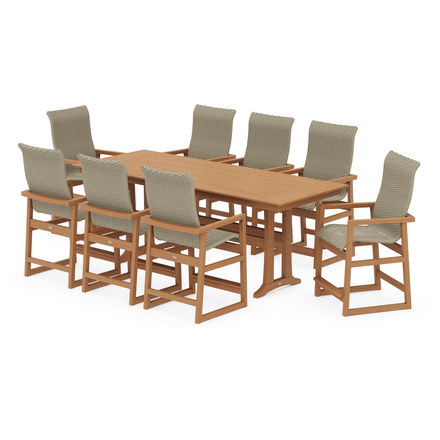 POLYWOOD EDGE Woven Highback 9-Piece Farmhouse Counter Set with Trestle Legs — Natural / Dune Grass
