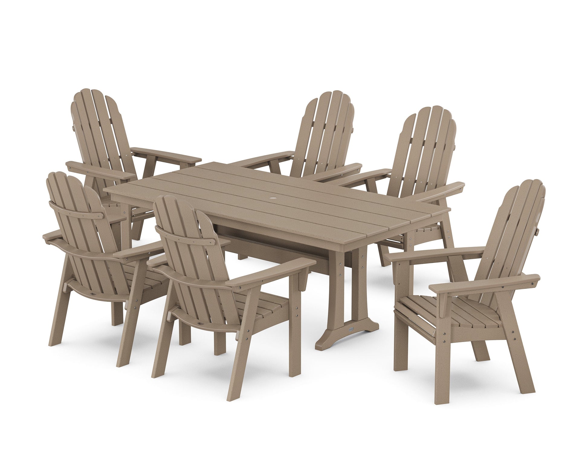 POLYWOOD Vineyard Curveback Adirondack Chair 7-Piece Farmhouse Dining Set with Trestle Legs — Vintage Sahara