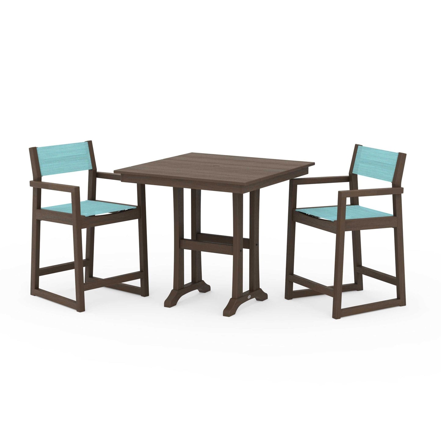 POLYWOOD EDGE Sling Arm Chair 3-Piece Farmhouse Counter Set with Trestle Legs — Kona / Dupioni Aquamarine Sling