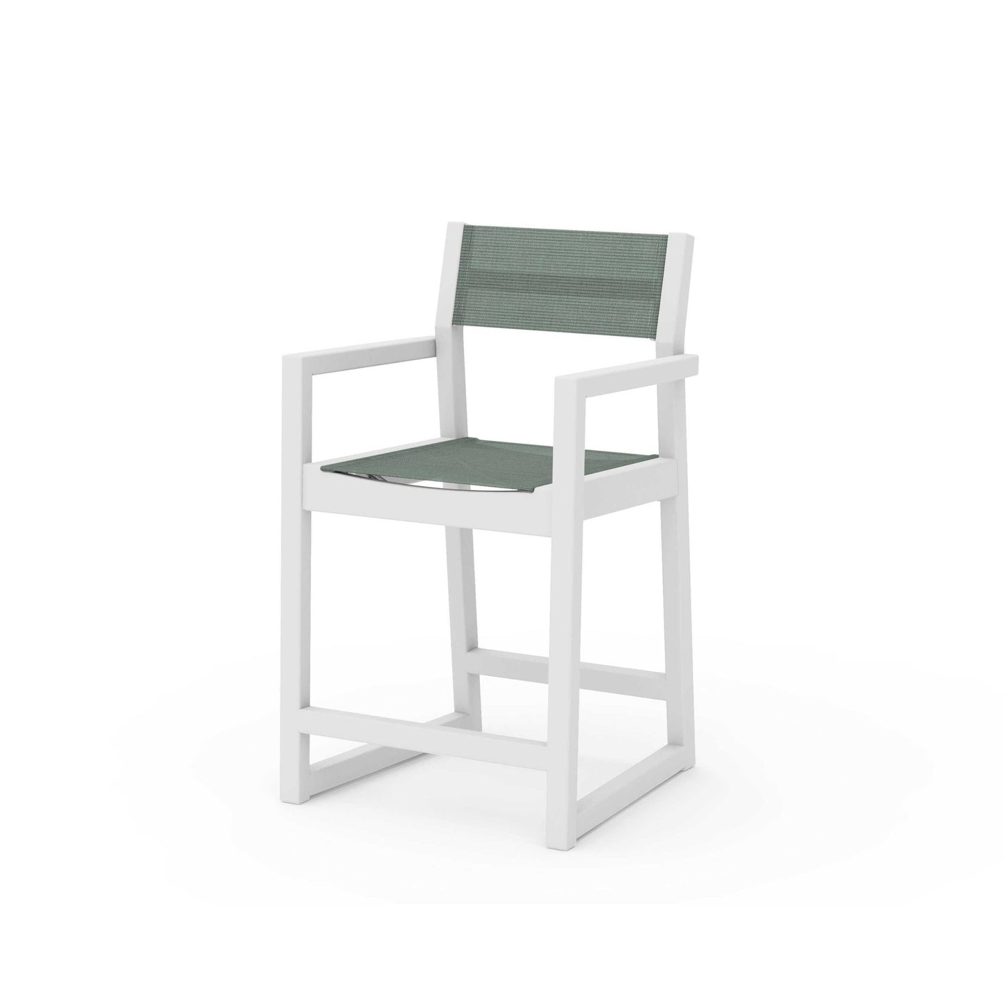 POLYWOOD EDGE Sling Counter Arm Chair — White / Dupioni Sea Mist Sling