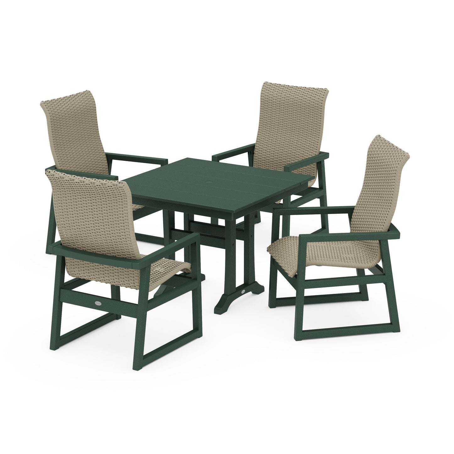 POLYWOOD EDGE Woven Highback 5-Piece Farmhouse Dining Set with Trestle Legs — Green / Dune Grass