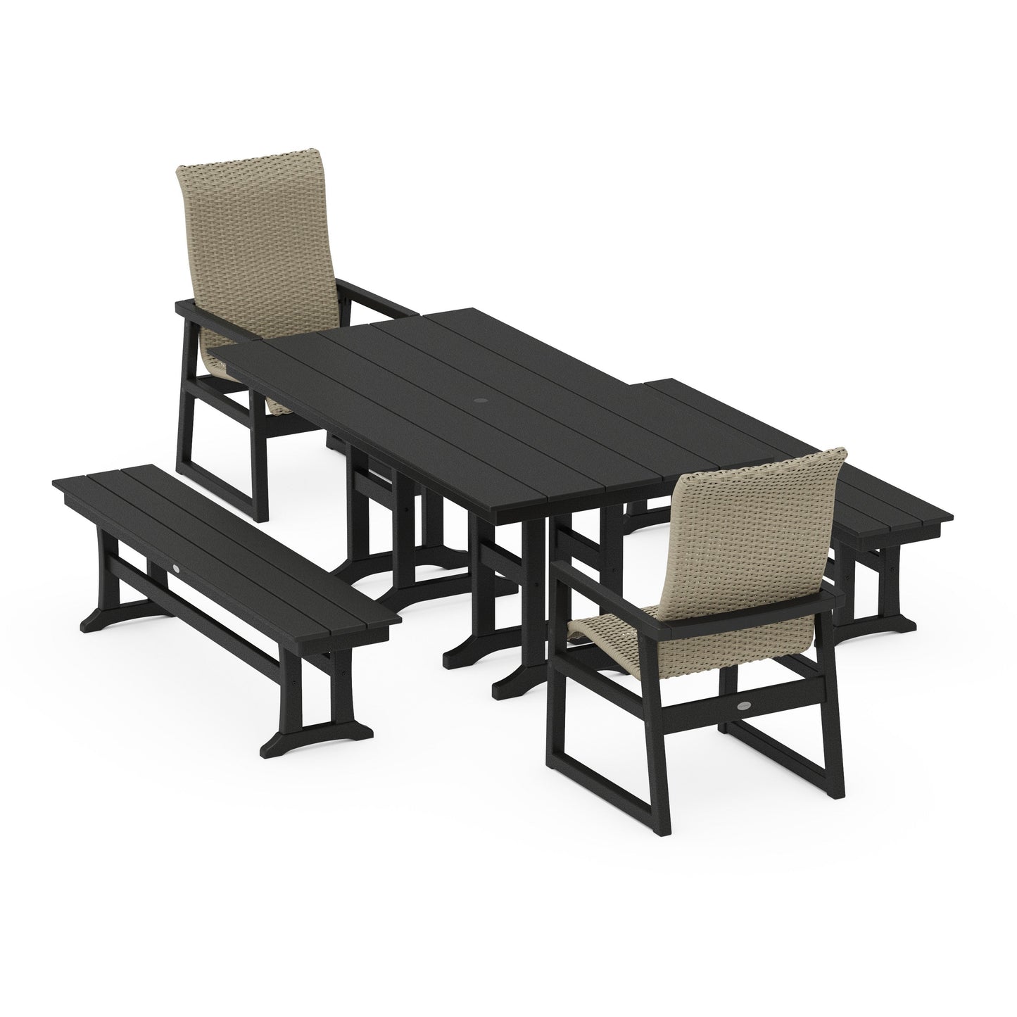 POLYWOOD EDGE Woven Highback 5-Piece Farmhouse Dining Set with Benches — Black / Dune Grass