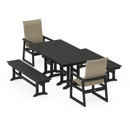 POLYWOOD EDGE Woven Highback 5-Piece Farmhouse Dining Set with Benches — Black / Dune Grass