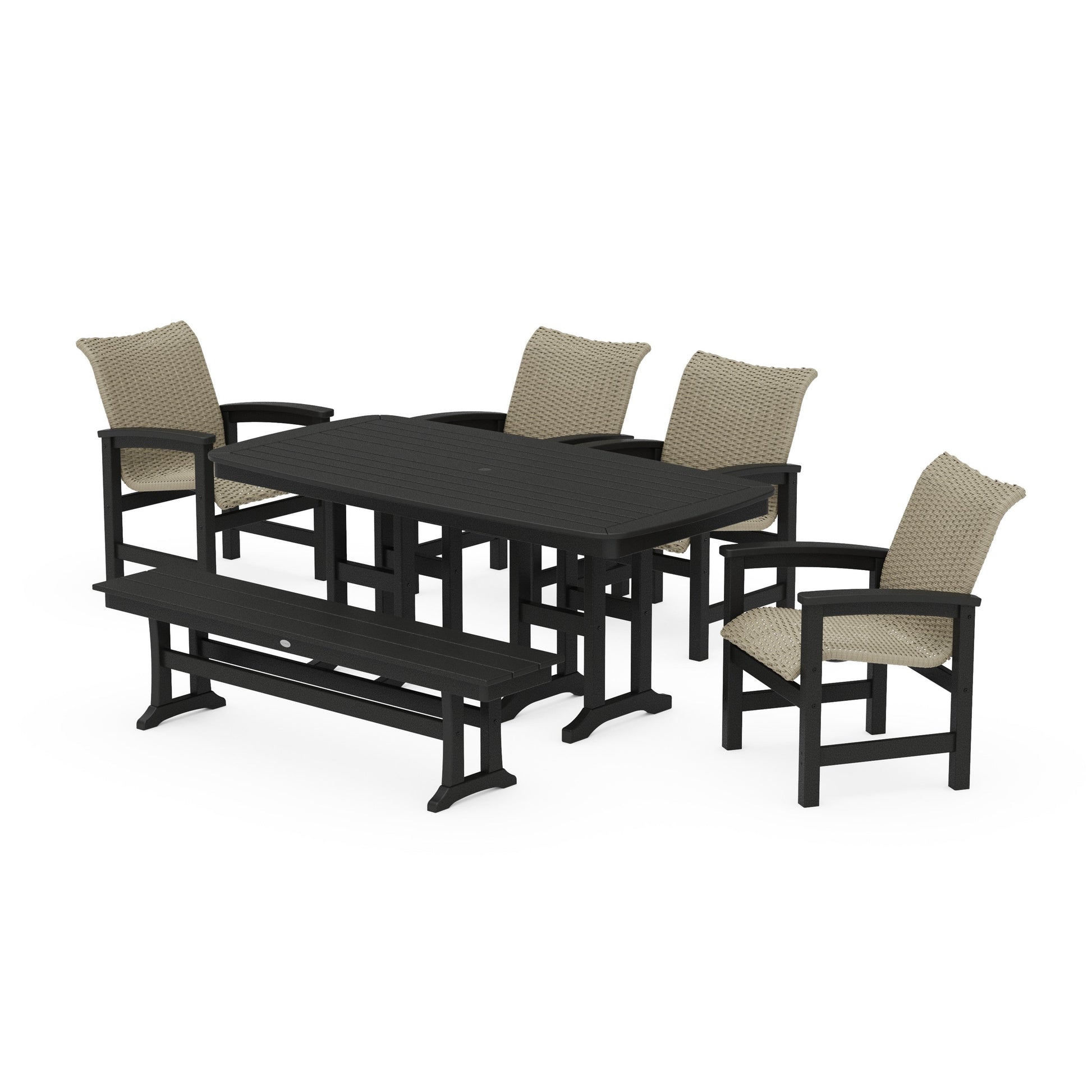 POLYWOOD Coastal Woven 6-Piece Farmhouse Dining Set with Bench — Black / Dune Grass