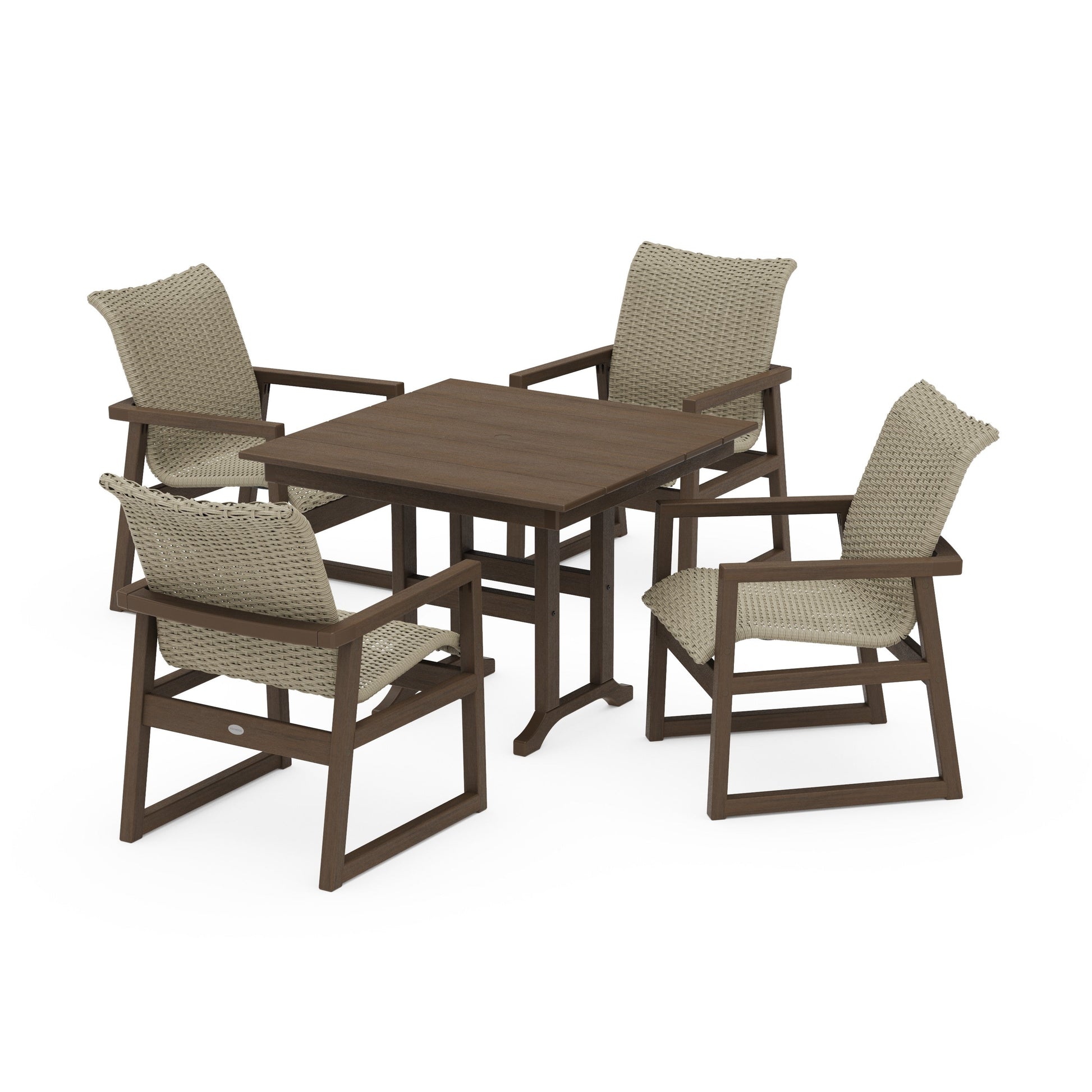 POLYWOOD EDGE Woven 5-Piece Farmhouse Dining Set — Kona / Dune Grass