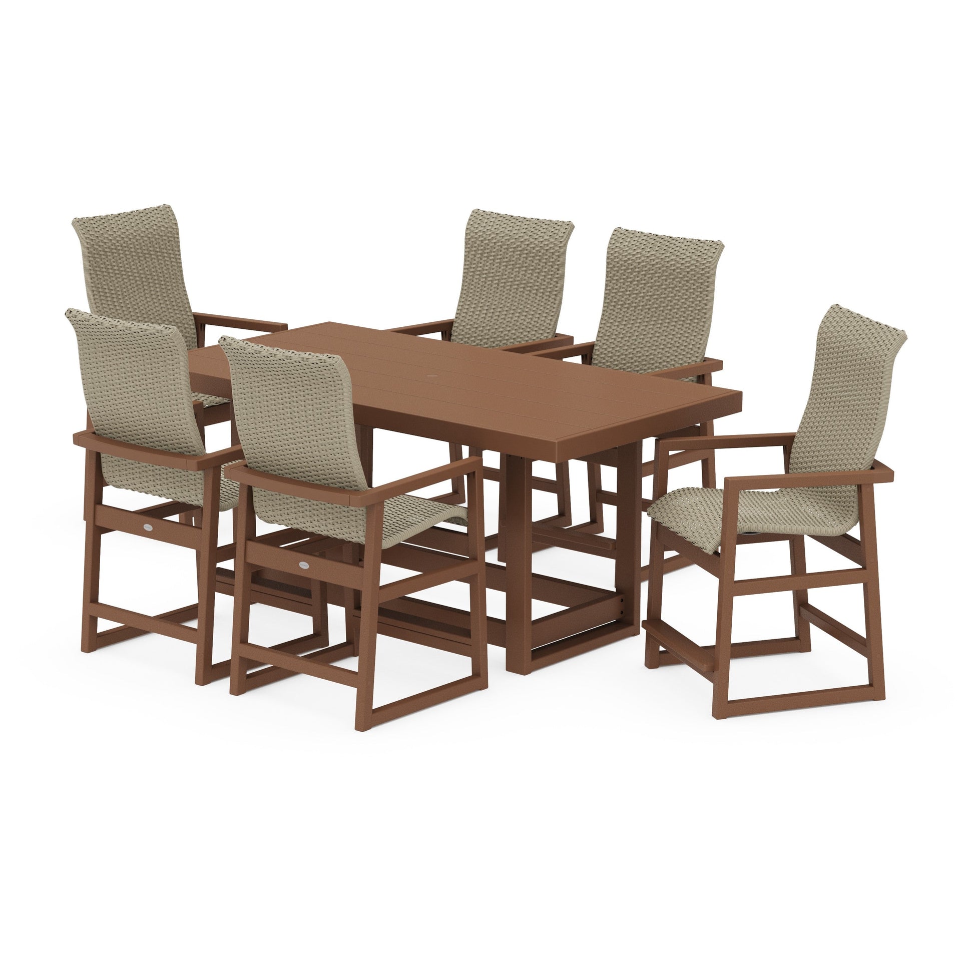 POLYWOOD EDGE Woven Highback Arm Chair 7-Piece Counter Set — Teak / Dune Grass