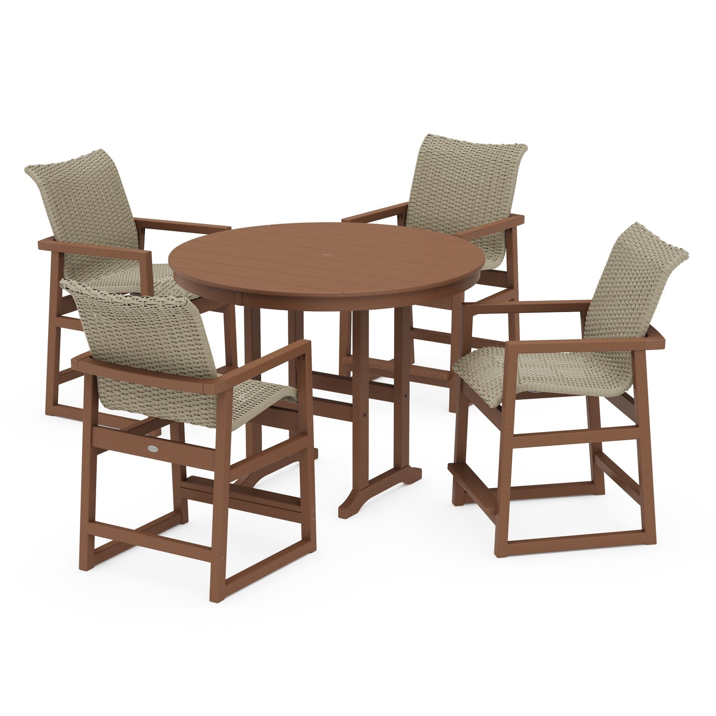 POLYWOOD EDGE Woven 5-Piece Round Farmhouse Counter Set — Teak / Dune Grass