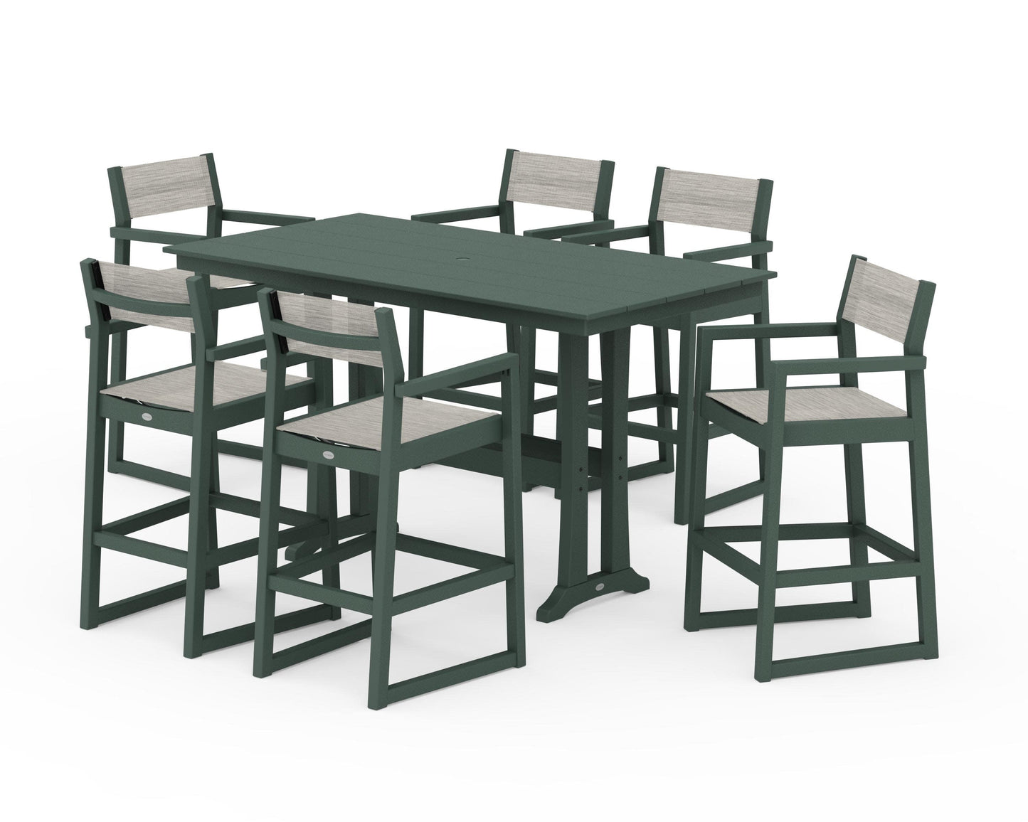 POLYWOOD EDGE Sling Arm Chair 7-Piece Farmhouse Bar Set with Trestle Legs — Green / Birch Sling