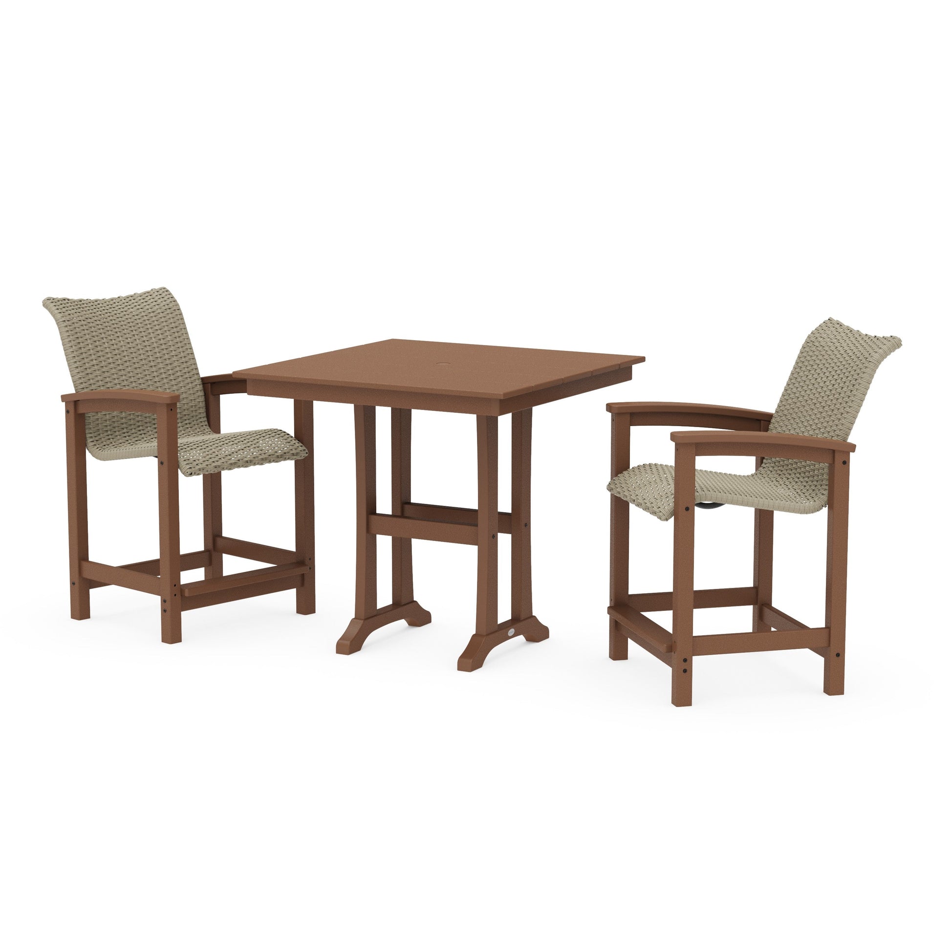POLYWOOD Coastal Woven 3-Piece Farmhouse Counter Set with Trestle Legs — Teak / Dune Grass
