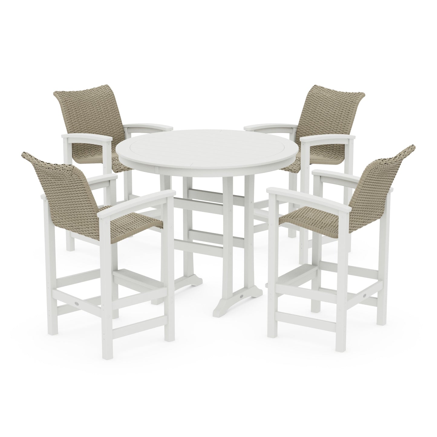 POLYWOOD Coastal Woven 5-Piece Round Bar Set — White / Dune Grass
